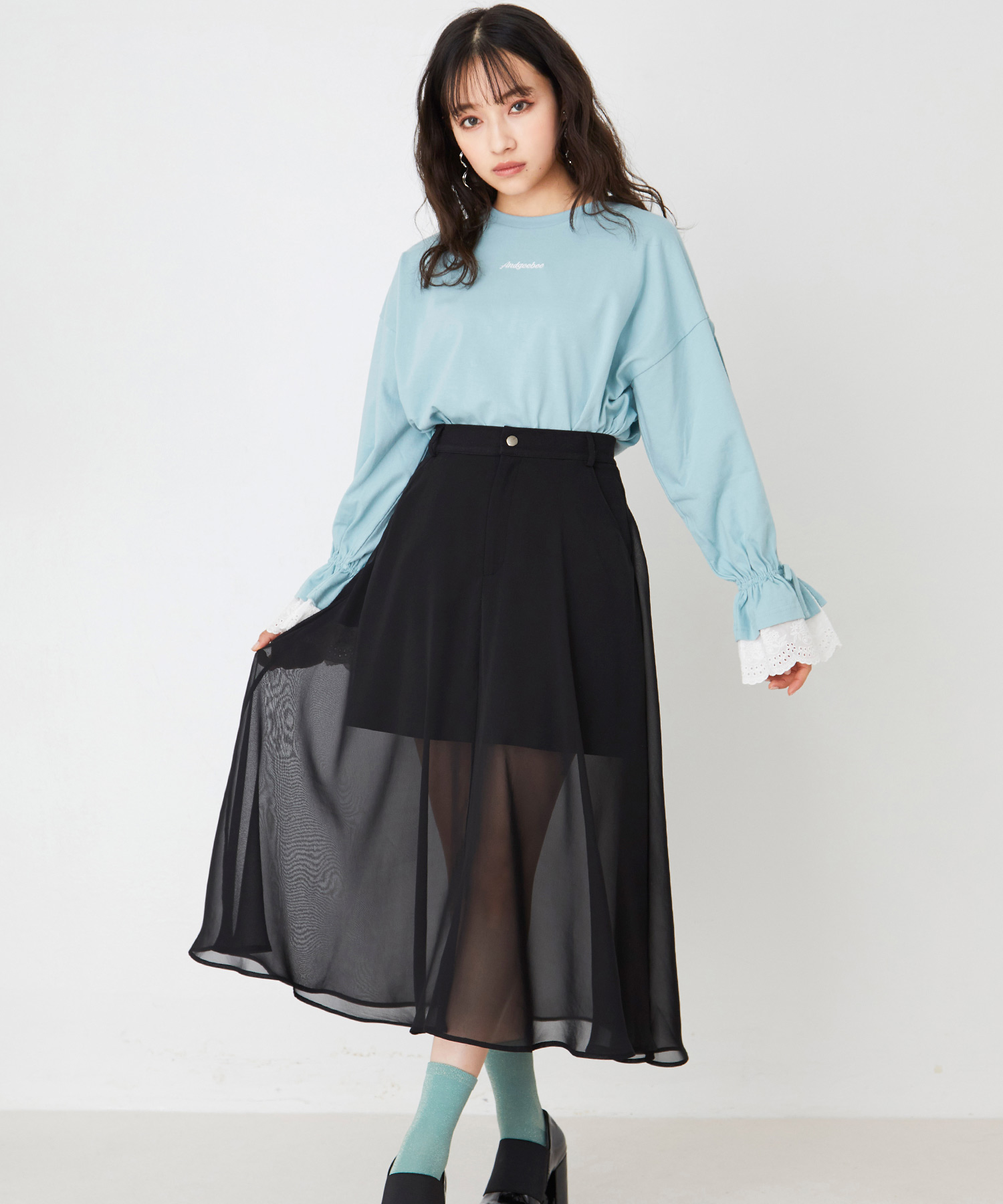 rurumu レース　ラグランスリーブ　ロンT rurumu: 25SS lace raglan sleeve printed Tee light blue