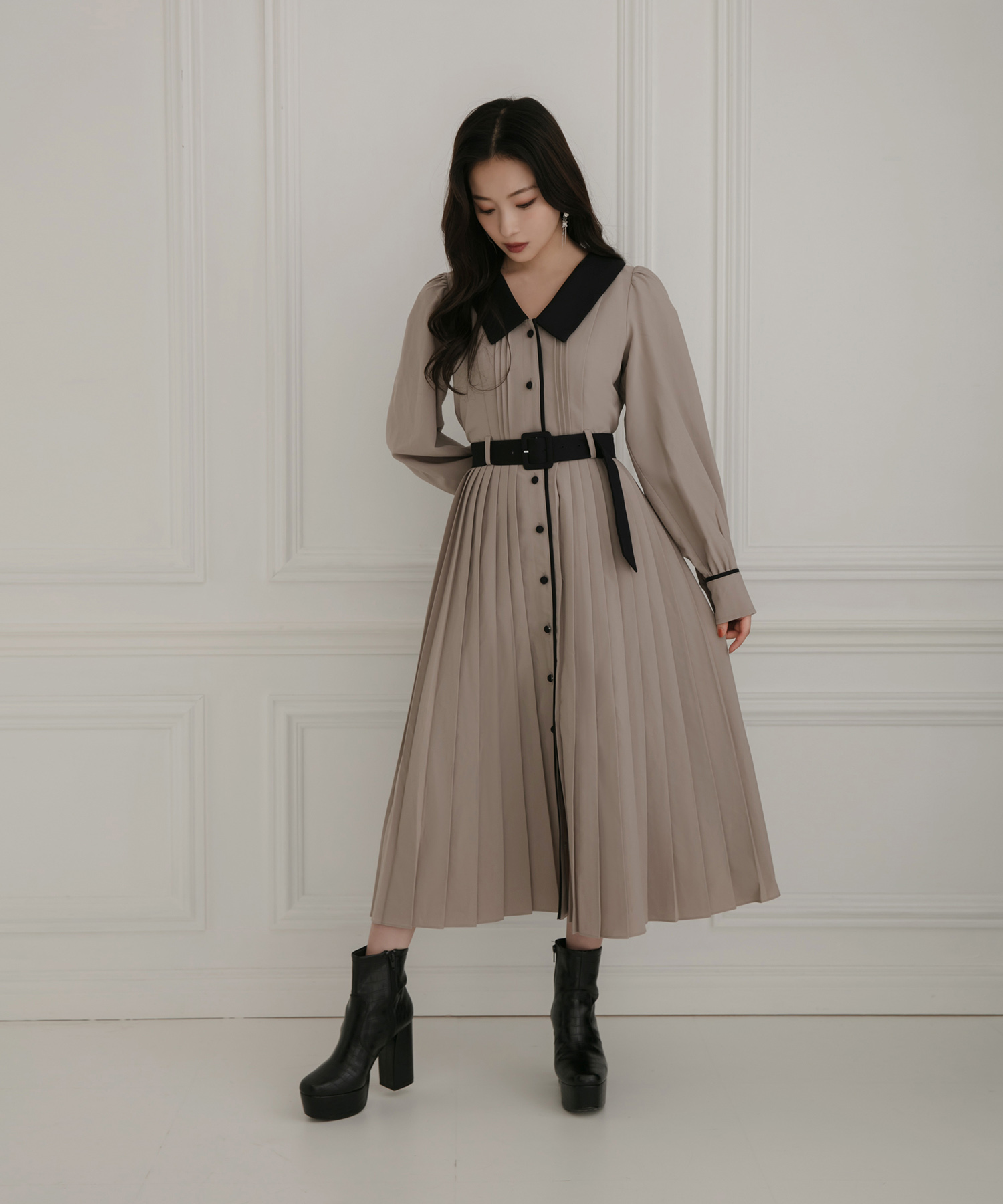 プリーツシャツワンピ