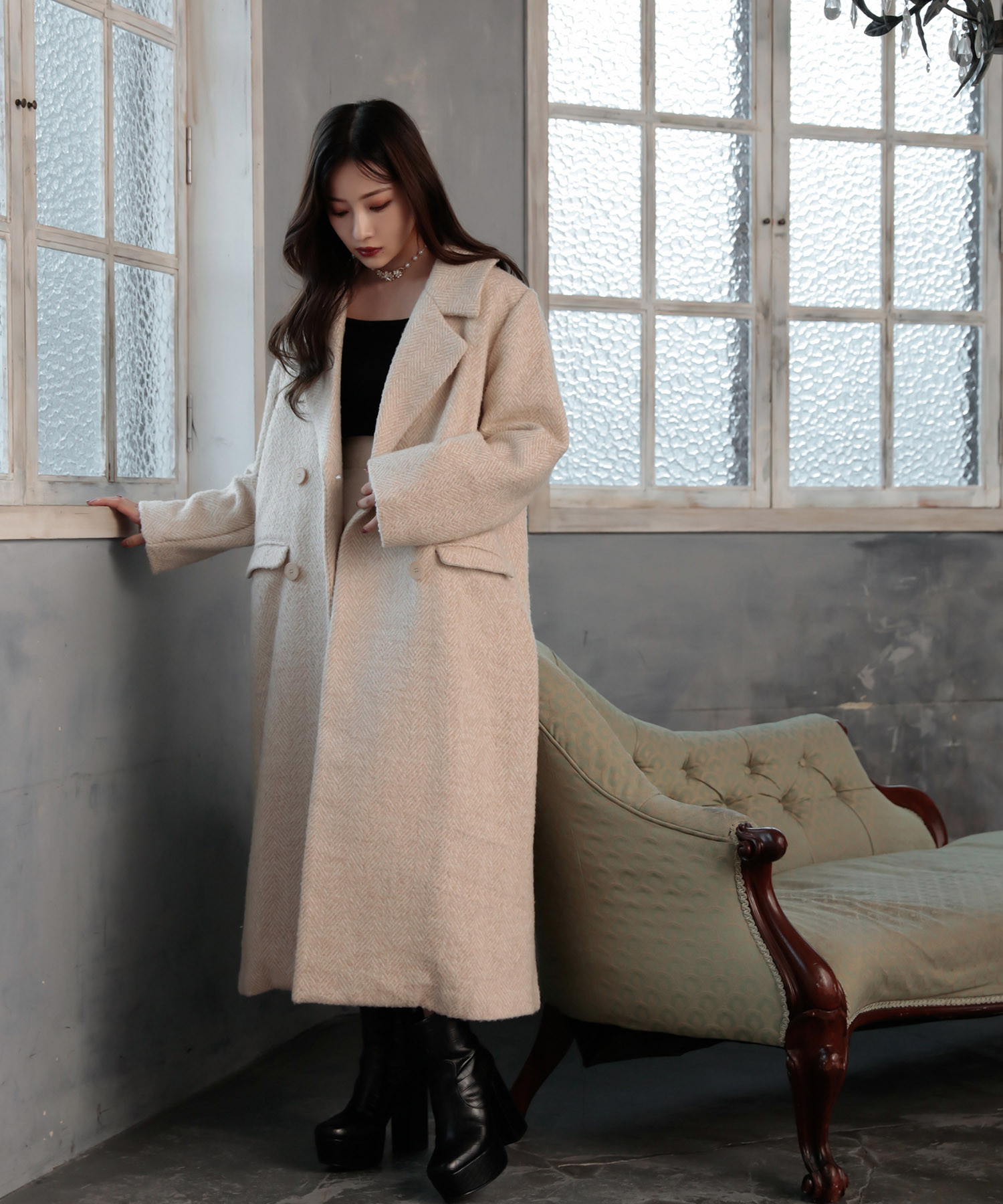 ウールツィードロングコート