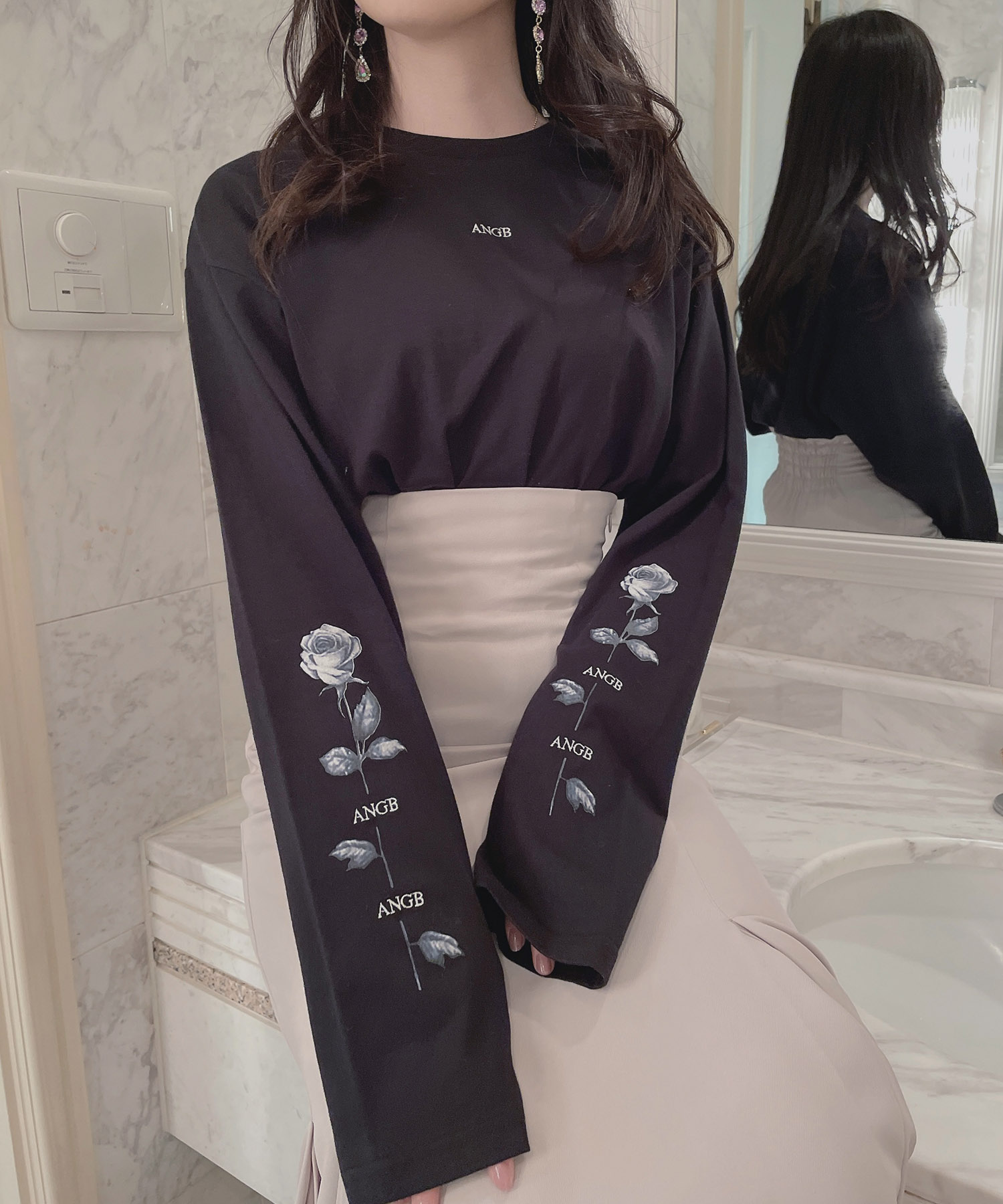 UNISEX ローズスリーブロンT