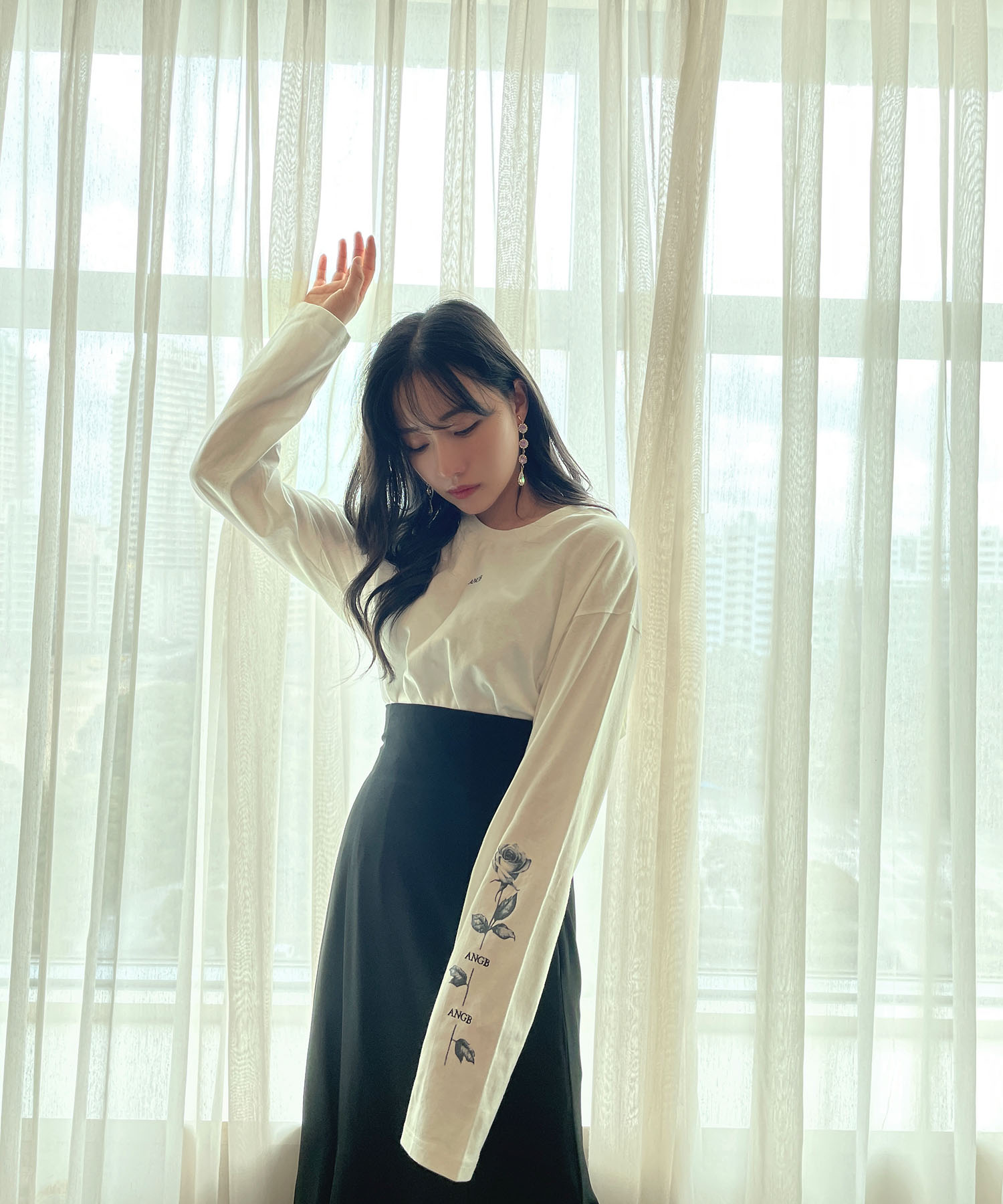 UNISEX ローズスリーブロンT