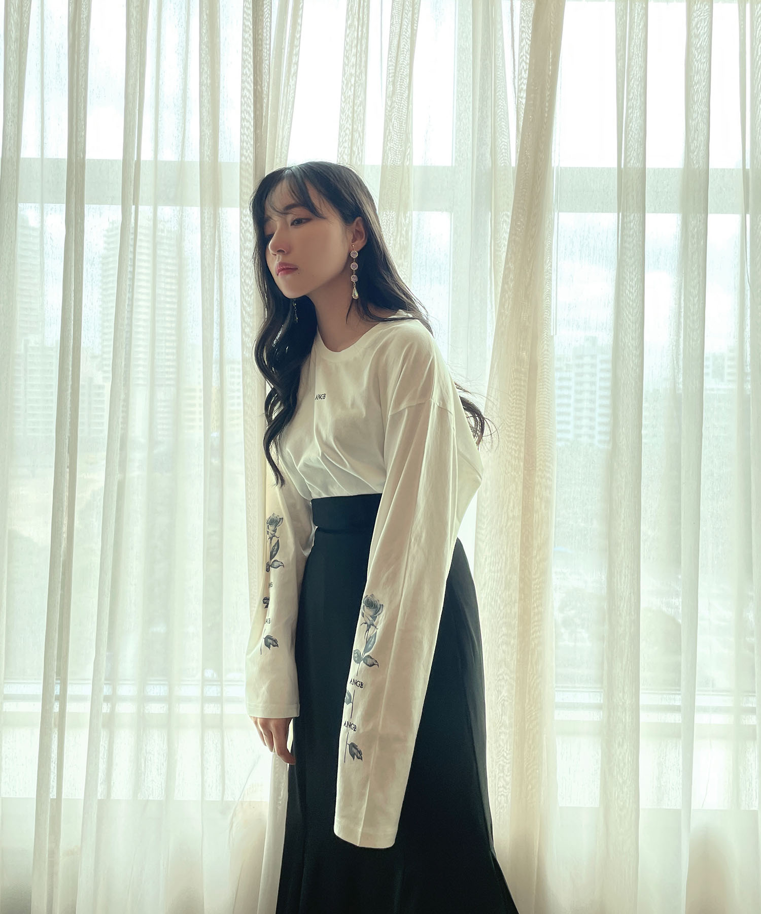 UNISEX ローズスリーブロンT