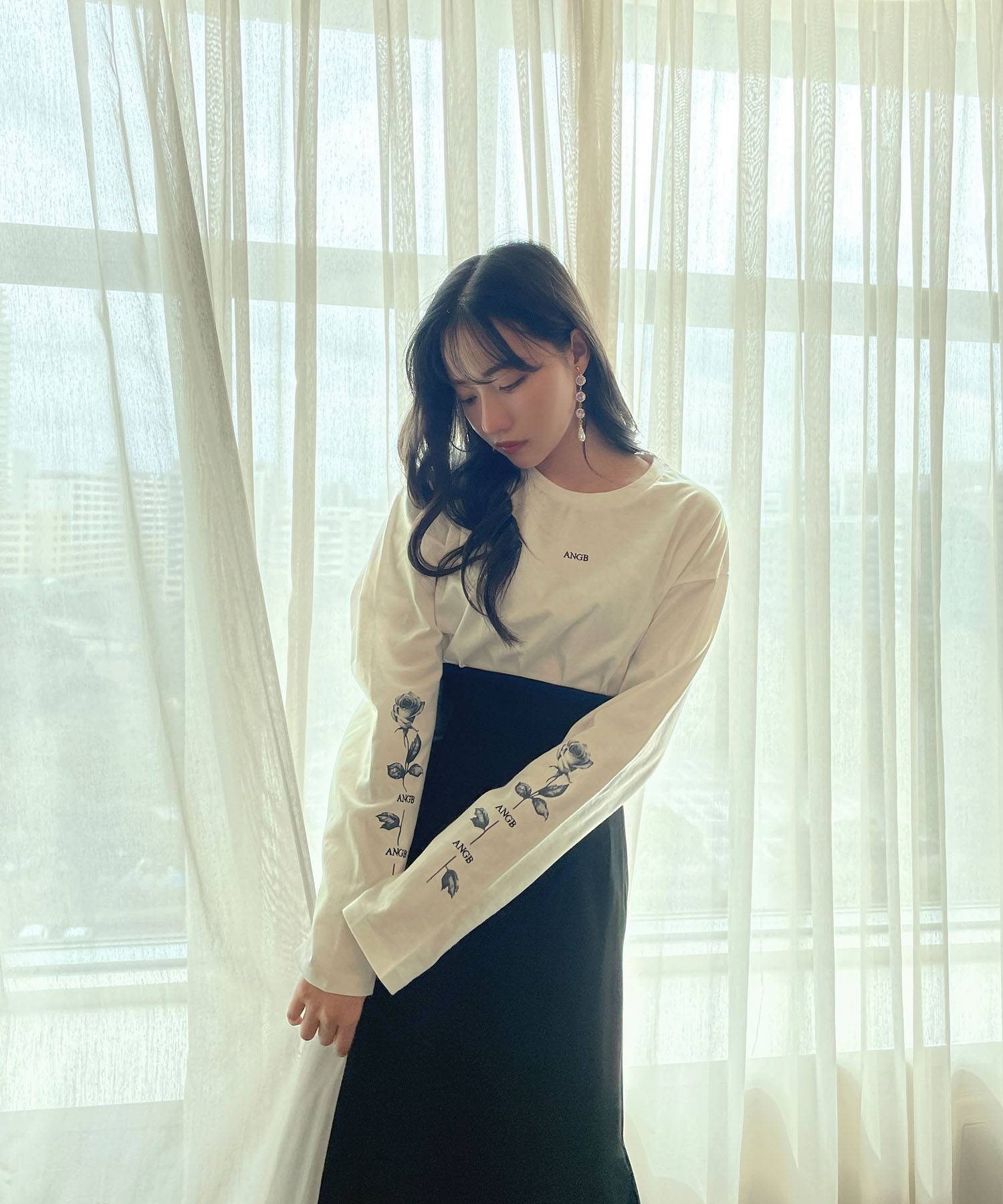 UNISEX ローズスリーブロンT