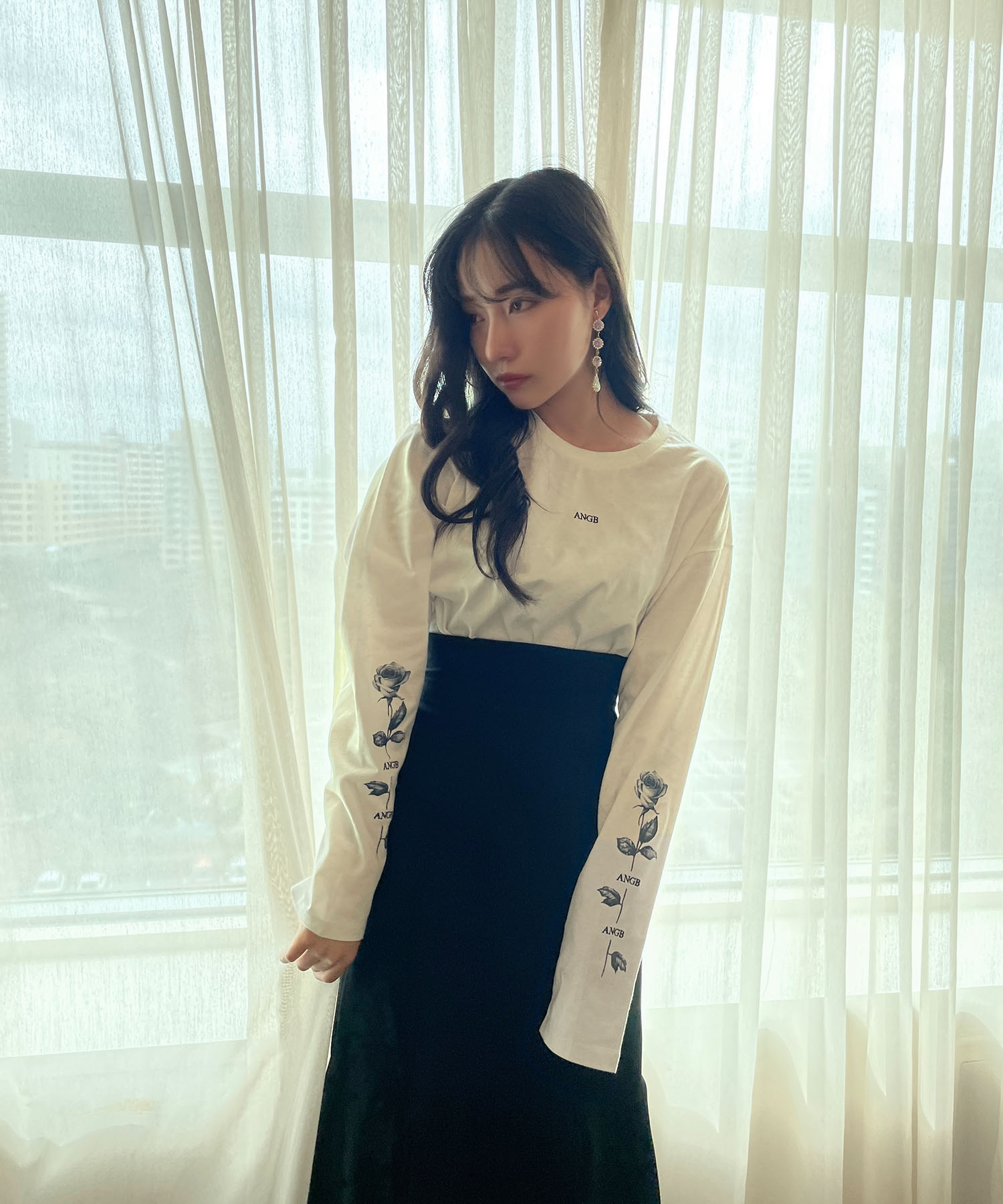 UNISEX ローズスリーブロンT