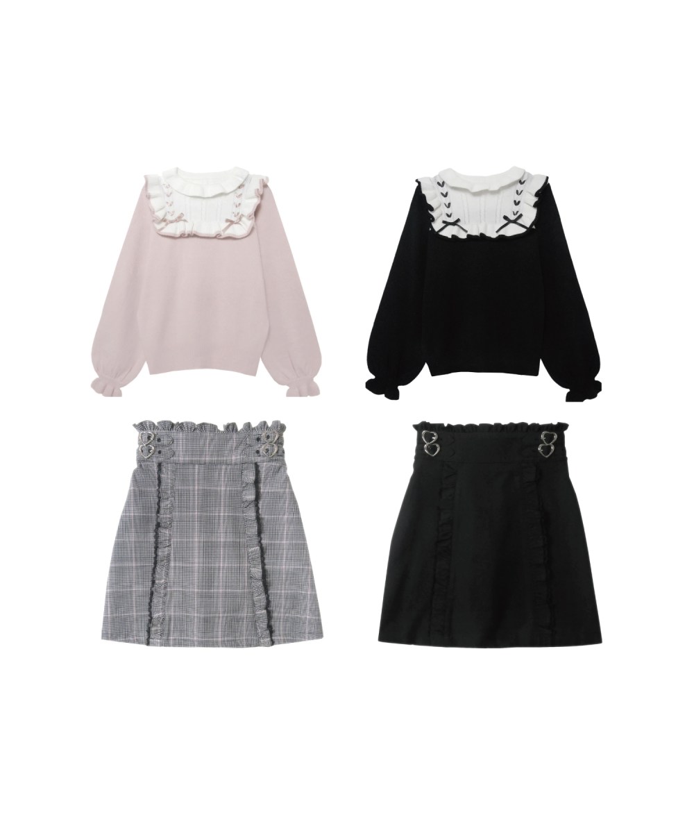 切替フリルニット×サイドベルト台形スカートSET