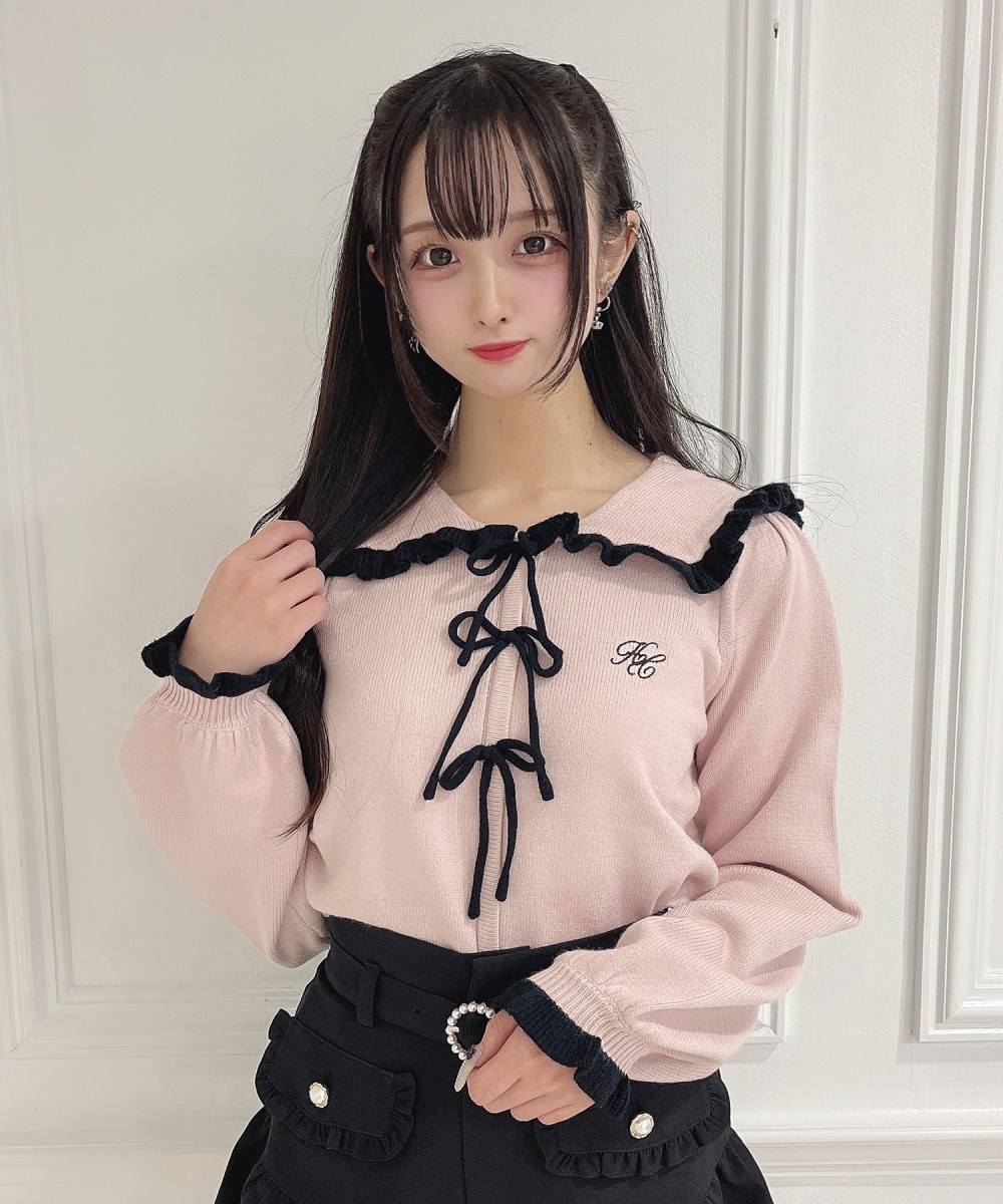 ポイント配色リボンニット×裾フレアショートパンツSET