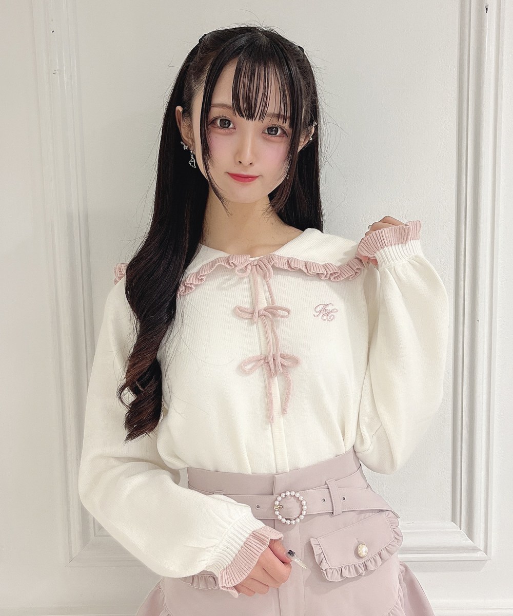 ポイント配色リボンニット×裾フレアショートパンツSET