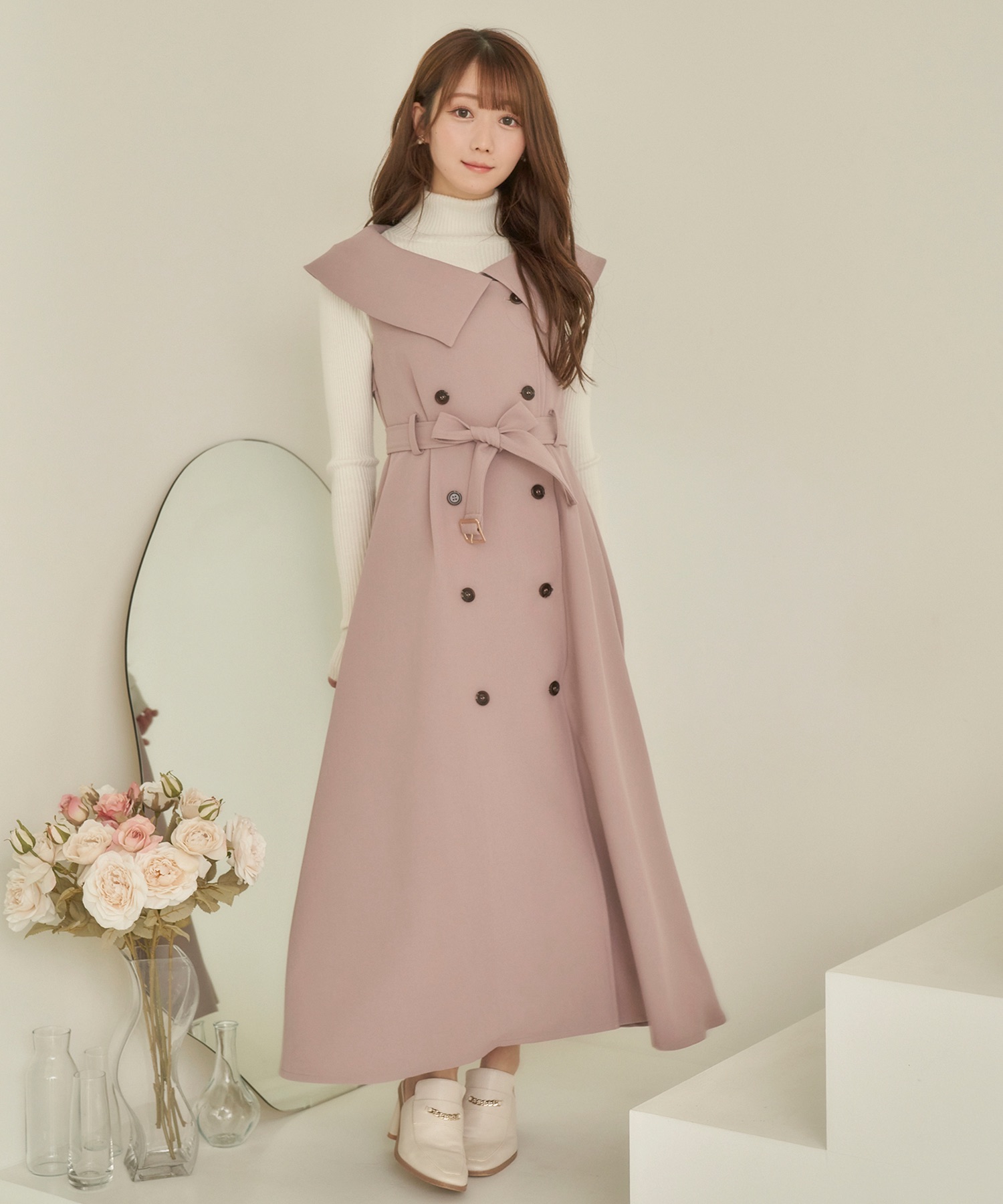 big collar trench one-piece ベージュ ロゼミューズ - ロングワンピース