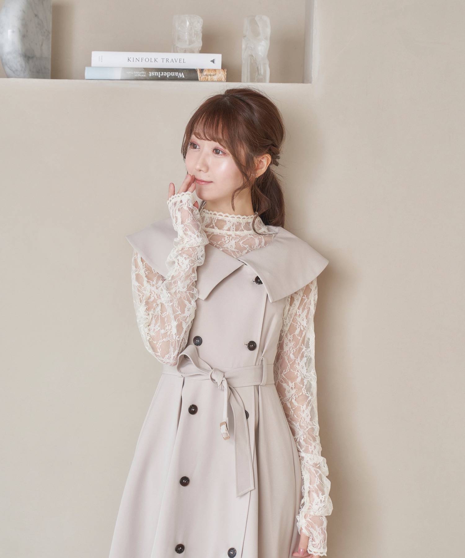 big collar trench one-piece ベージュ - ロングワンピース