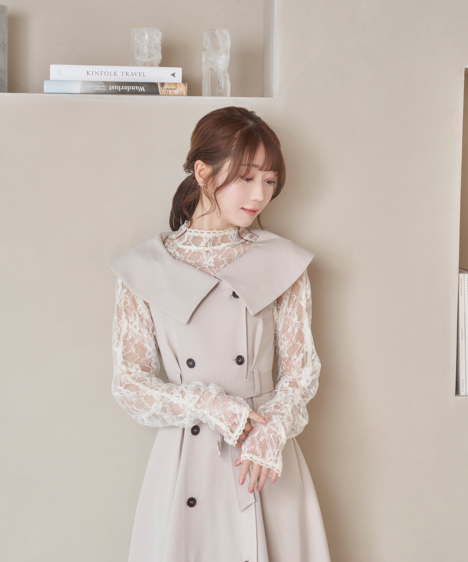 big collar trench one-piece ベージュ - ロングワンピース