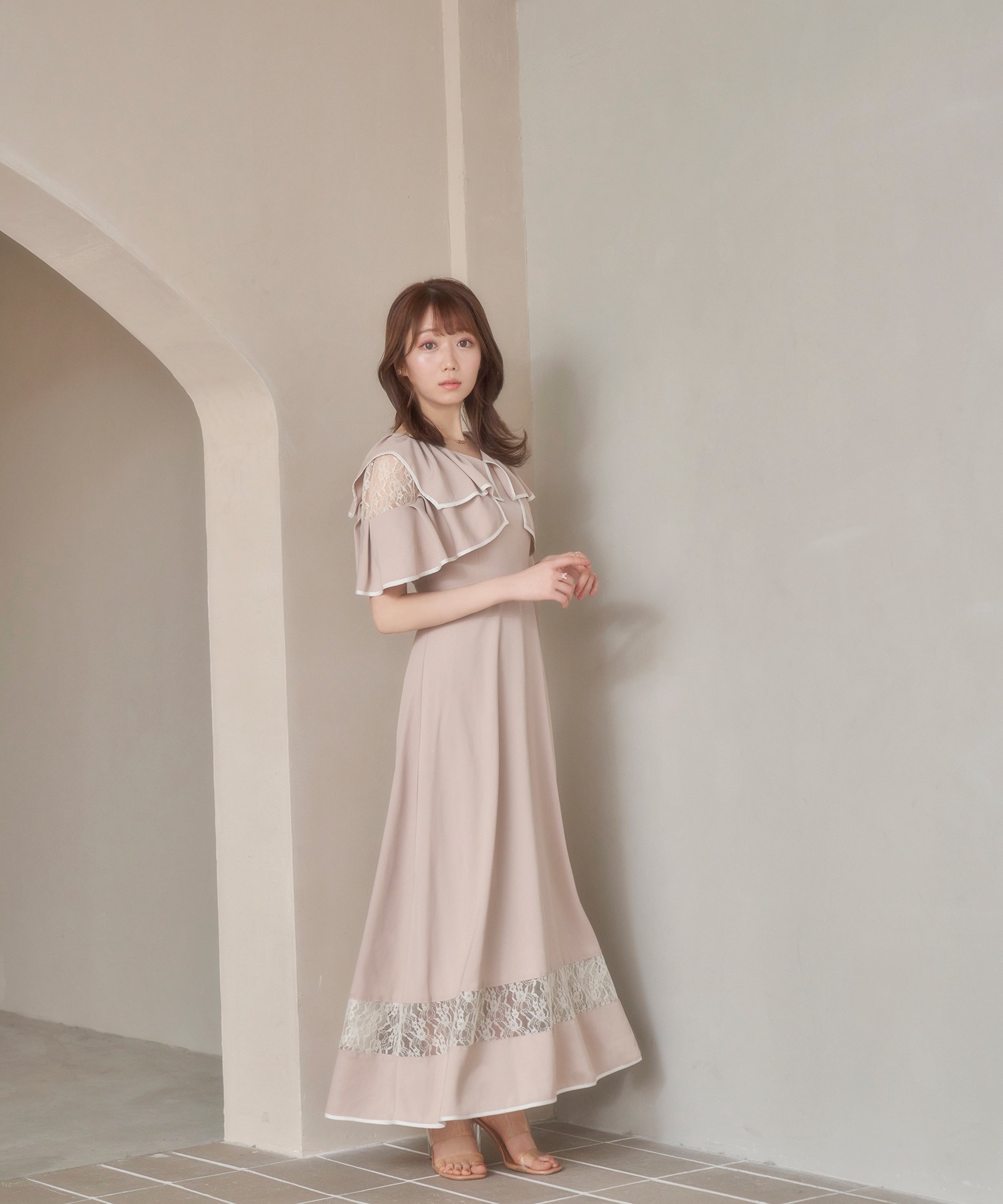 Rosé Muse piping lace switching dress www.krzysztofbialy.com
