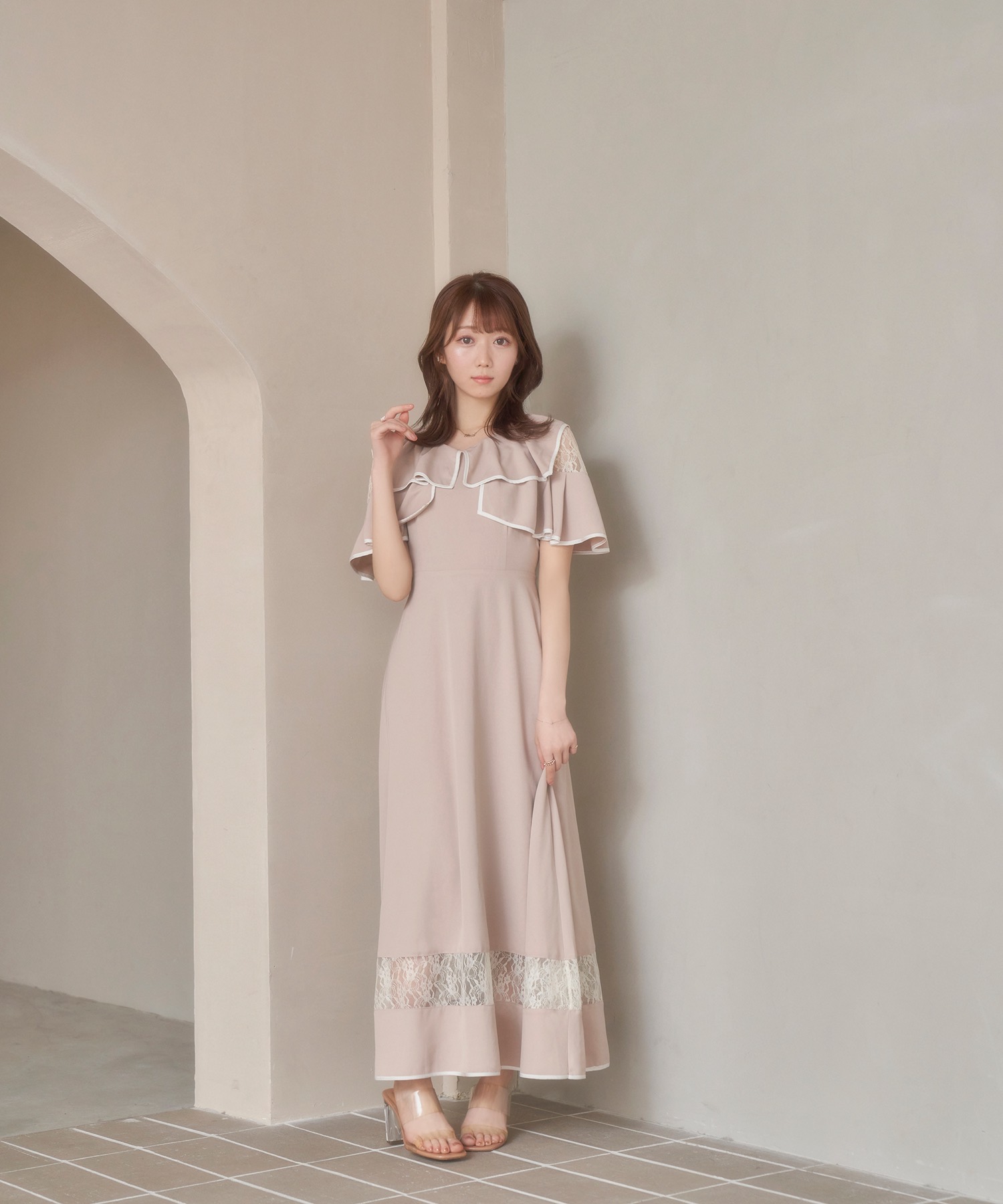 piping lace switching dress （Rosé Muse）