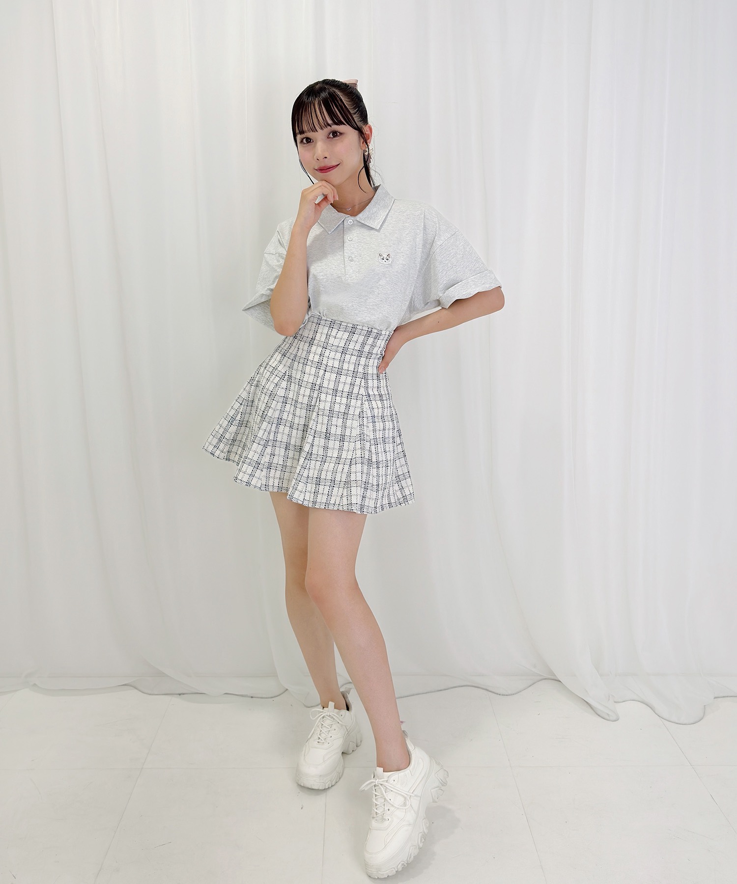 スカート丈ショートミニ丈Rosé Muse check pleated skirt【white