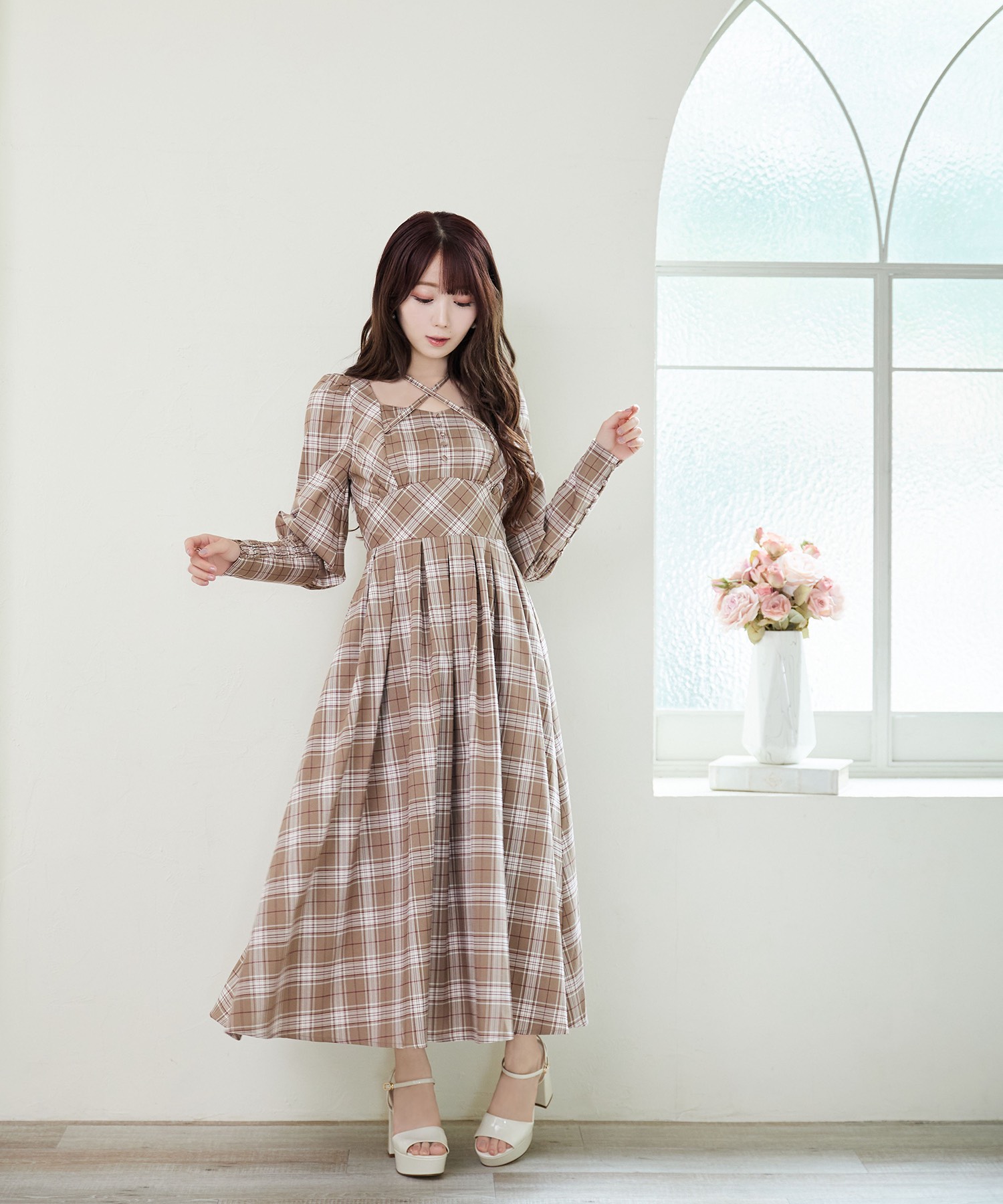 check box tuck dress【brown】