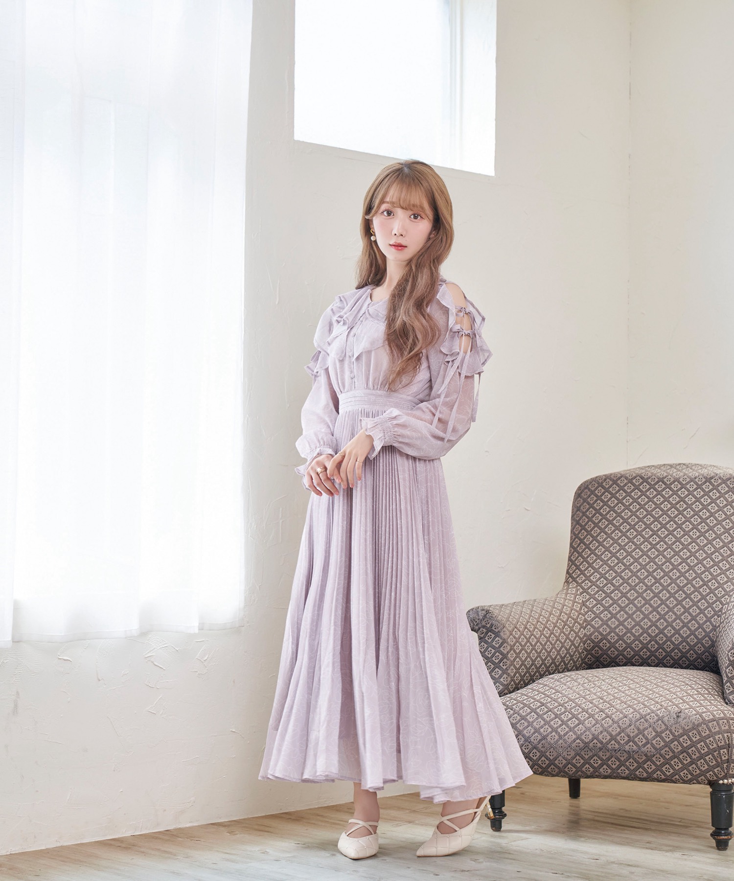floral line pleated dress【lavender】 – BUNNY APARTMENT