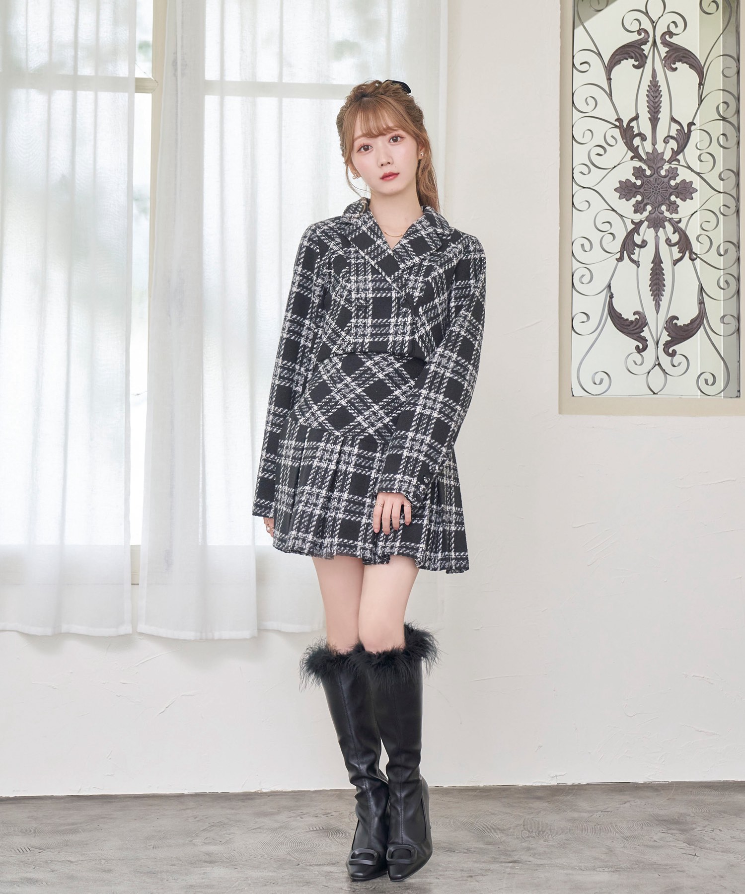 Rosé Muse check pleated skirt【black】-