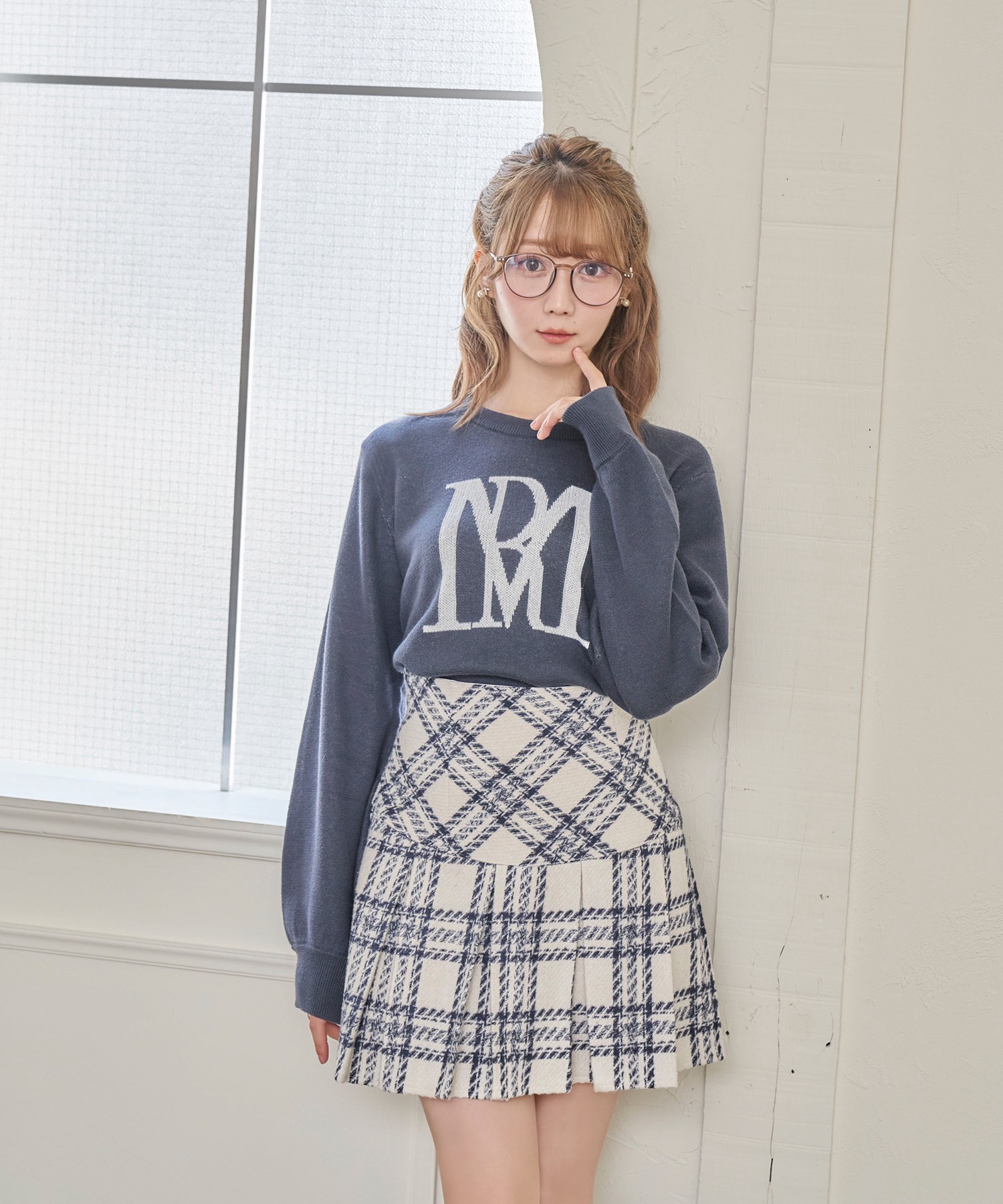 check pleated skirt【white】