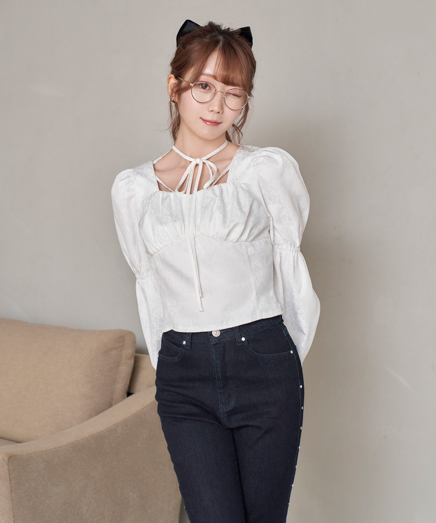 embroidery denim pants【navy】