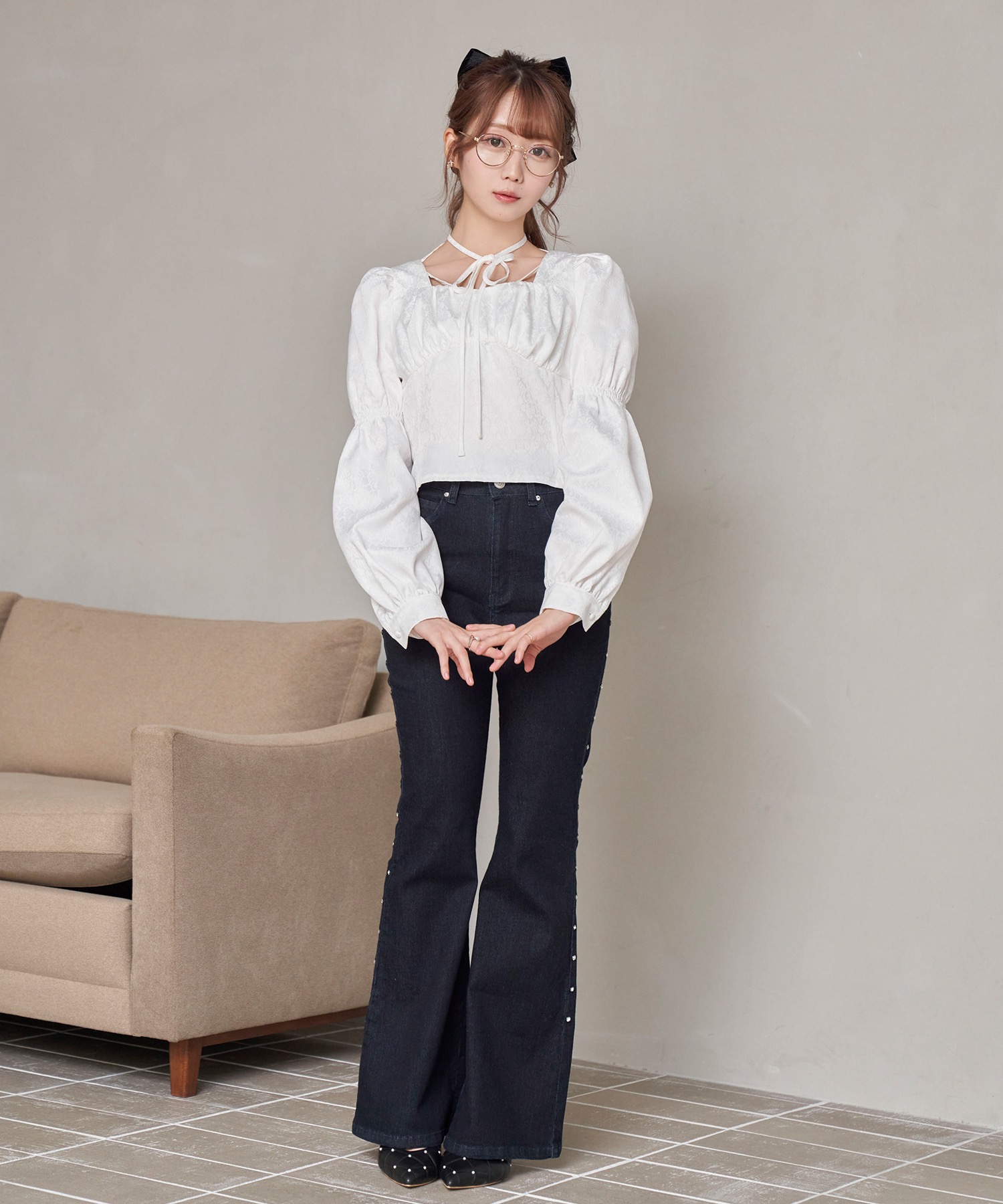 embroidery denim pants【navy】