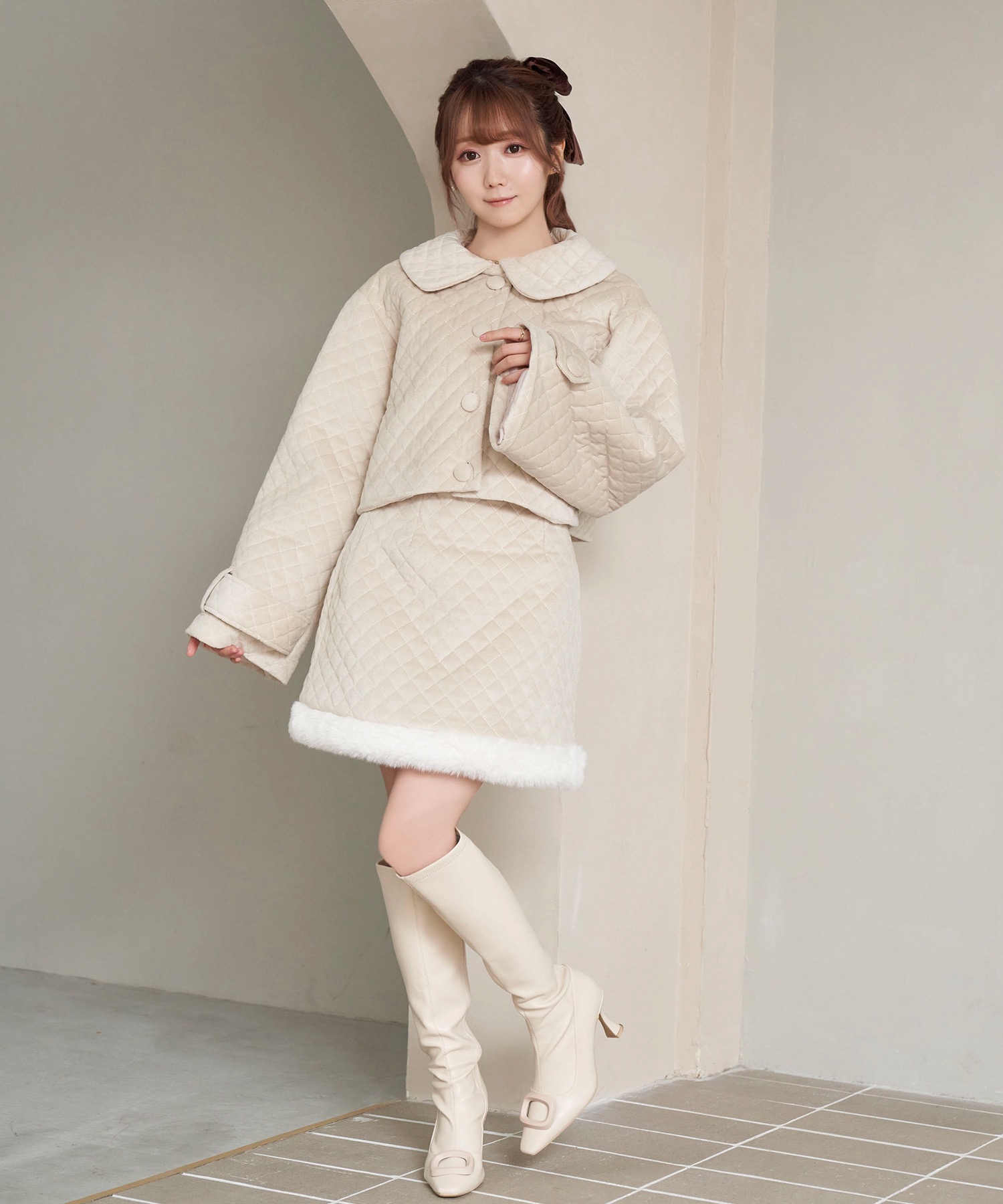 quilting fake fur collar short JK【beige】