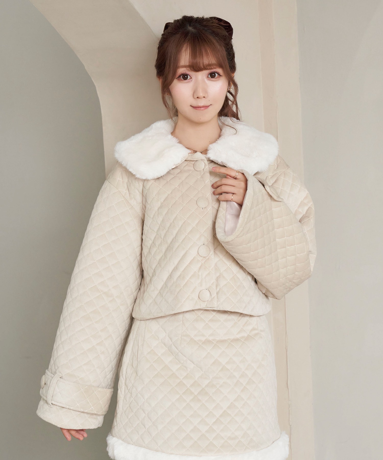 quilting fake fur collar short JK【beige】