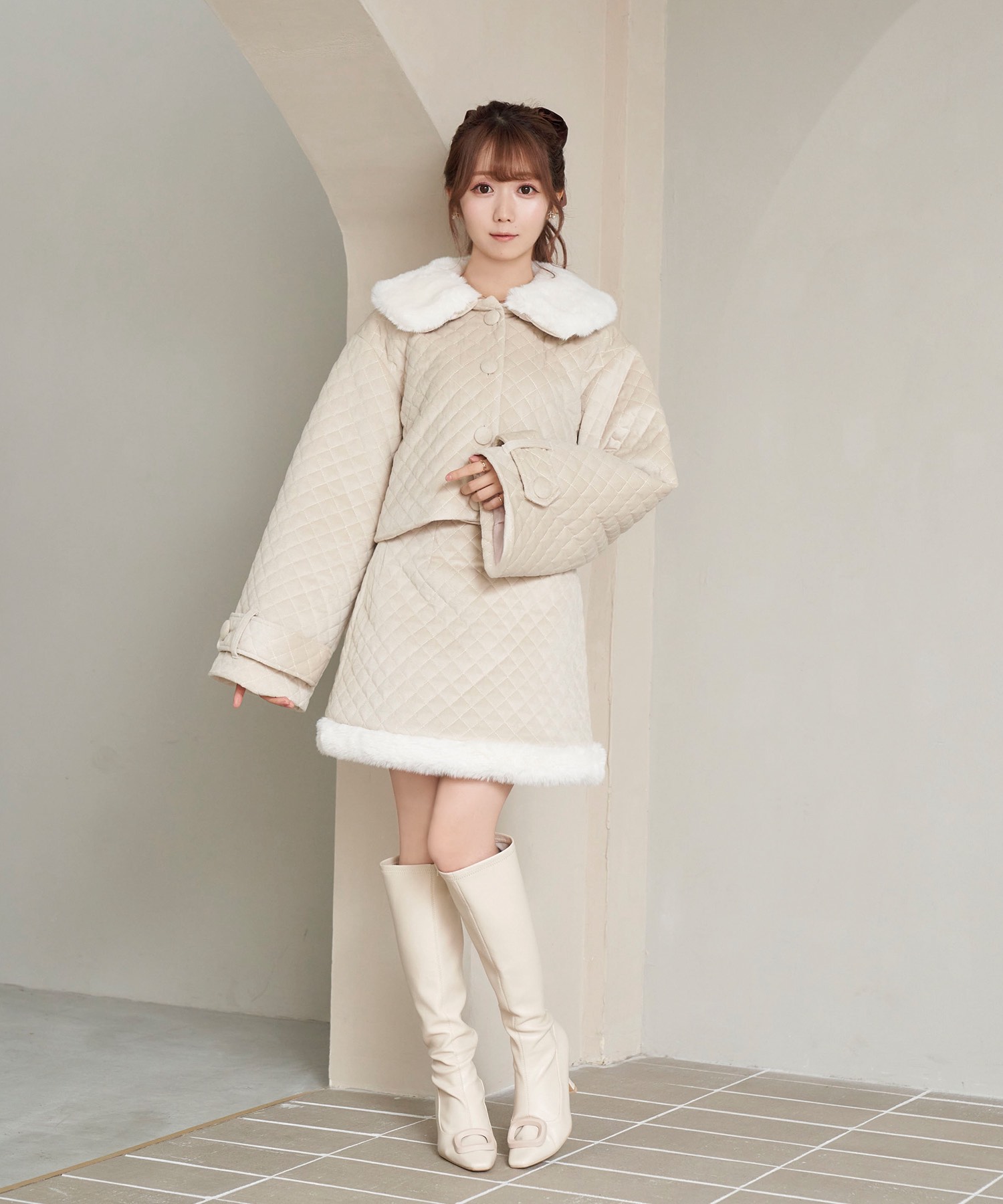 quilting fake fur collar short JK【beige】