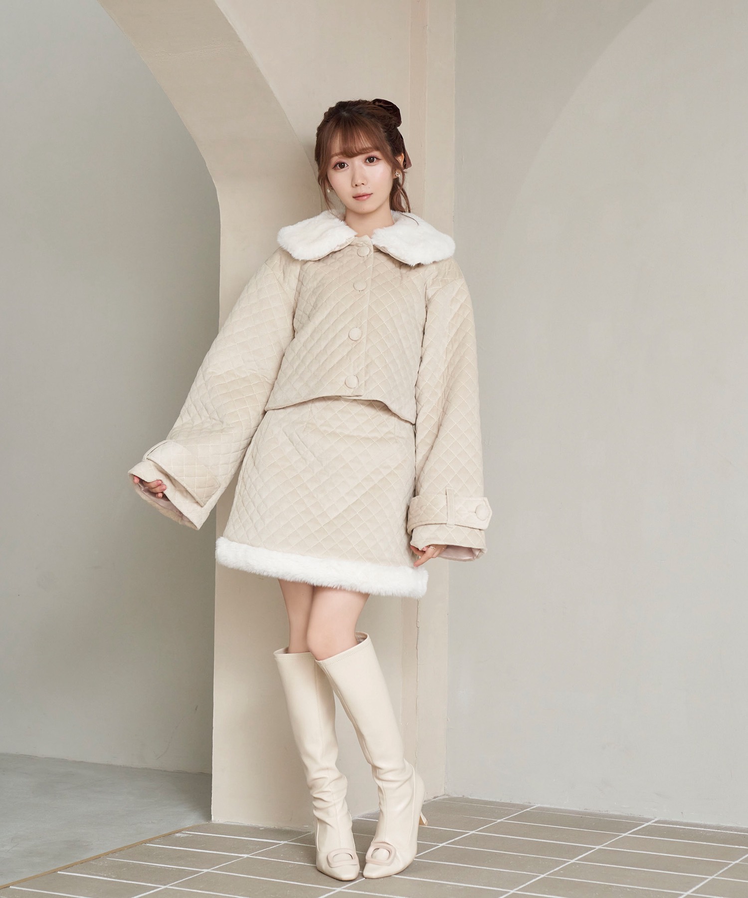 quilting fake fur collar short JK【beige】