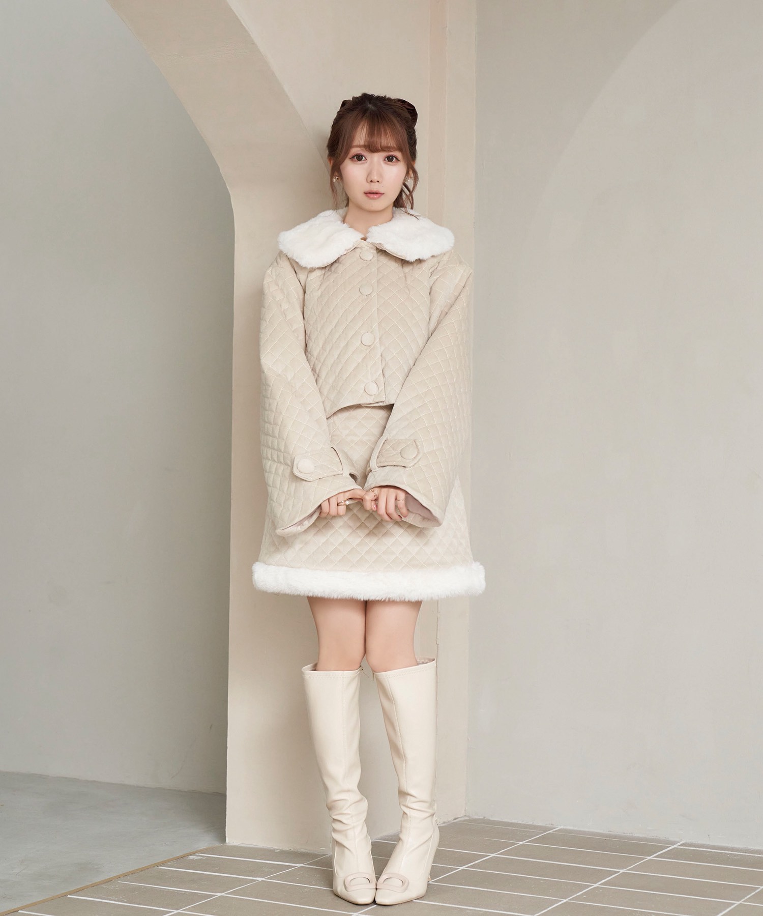 quilting fake fur collar short JK【beige】