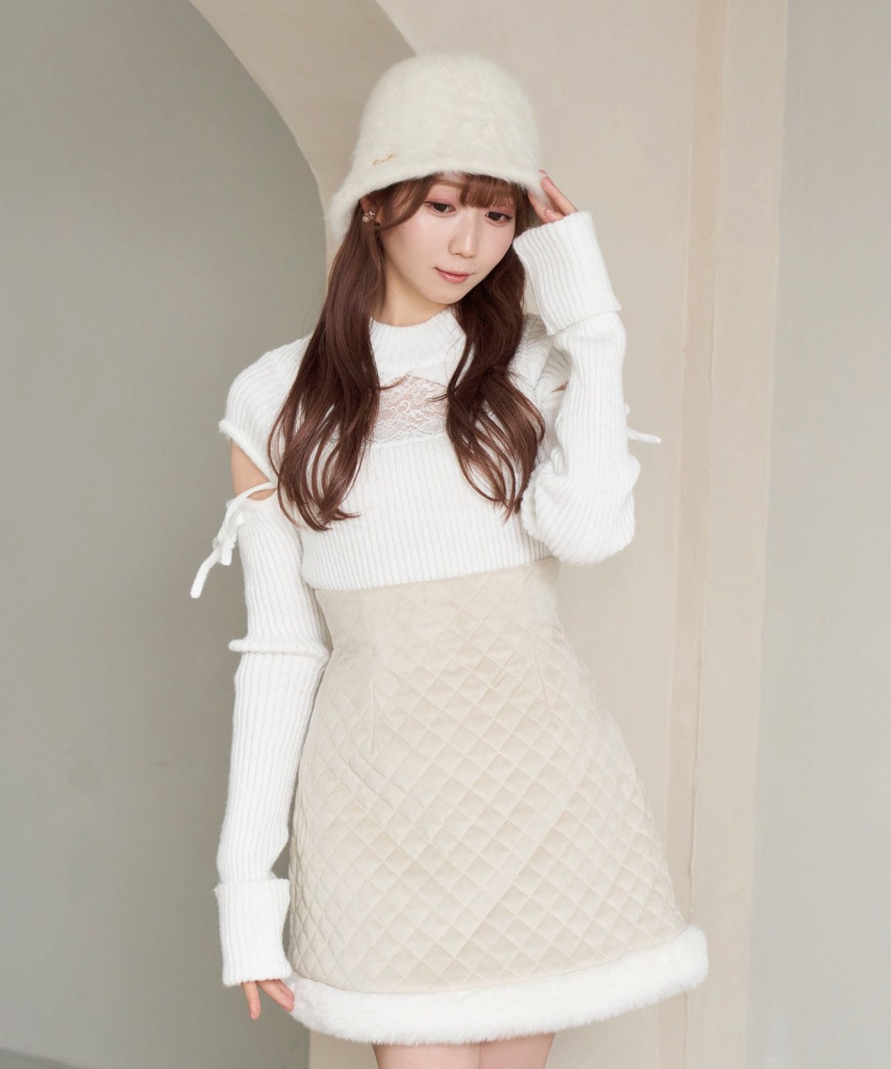 cut out lace point knit tops【white】
