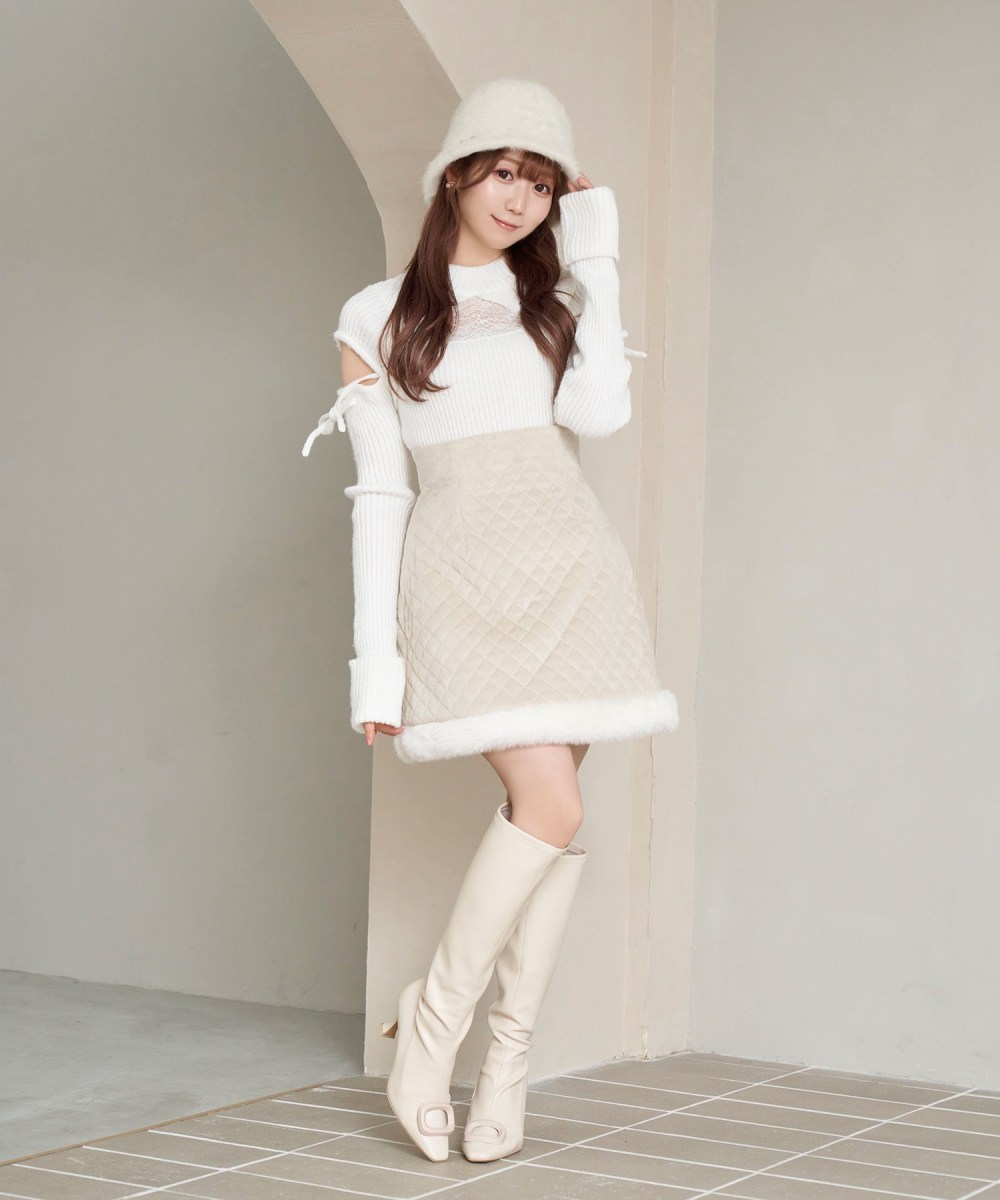 cut out lace point knit tops【white】