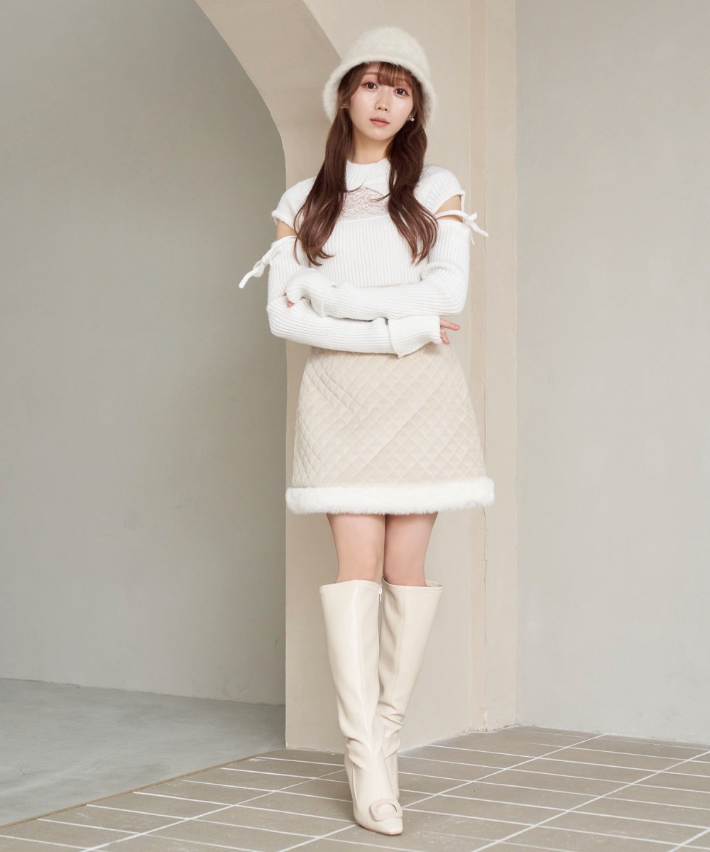 cut out lace point knit tops【white】