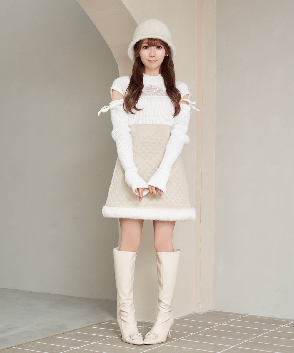 cut out lace point knit tops【white】