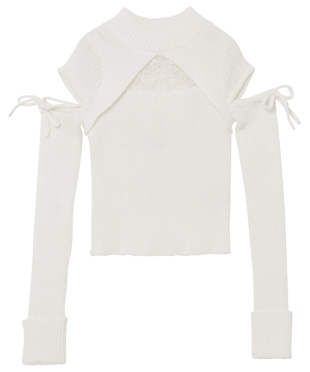 cut out lace point knit tops【white】