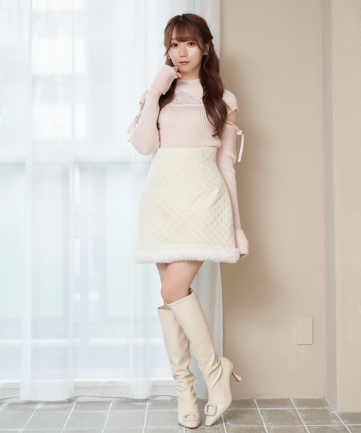 Quilting fake fur mini skirt