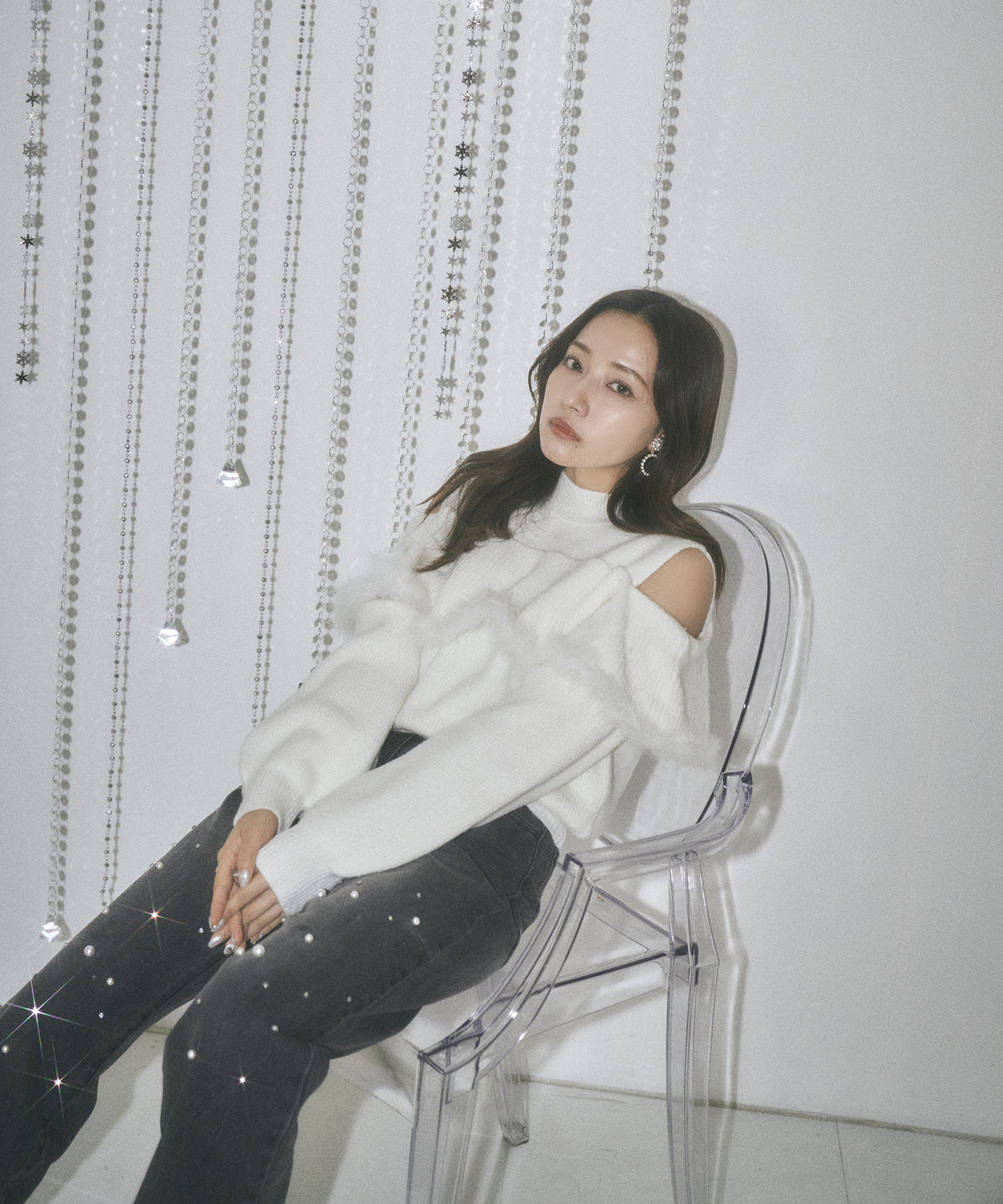 オープンショルダーニットトップス