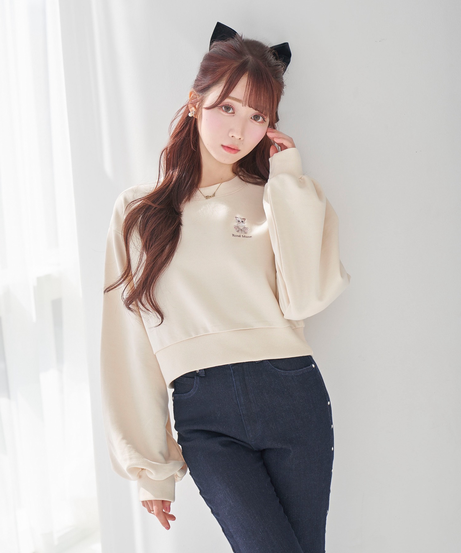 one point cat emb sweat top【cream】