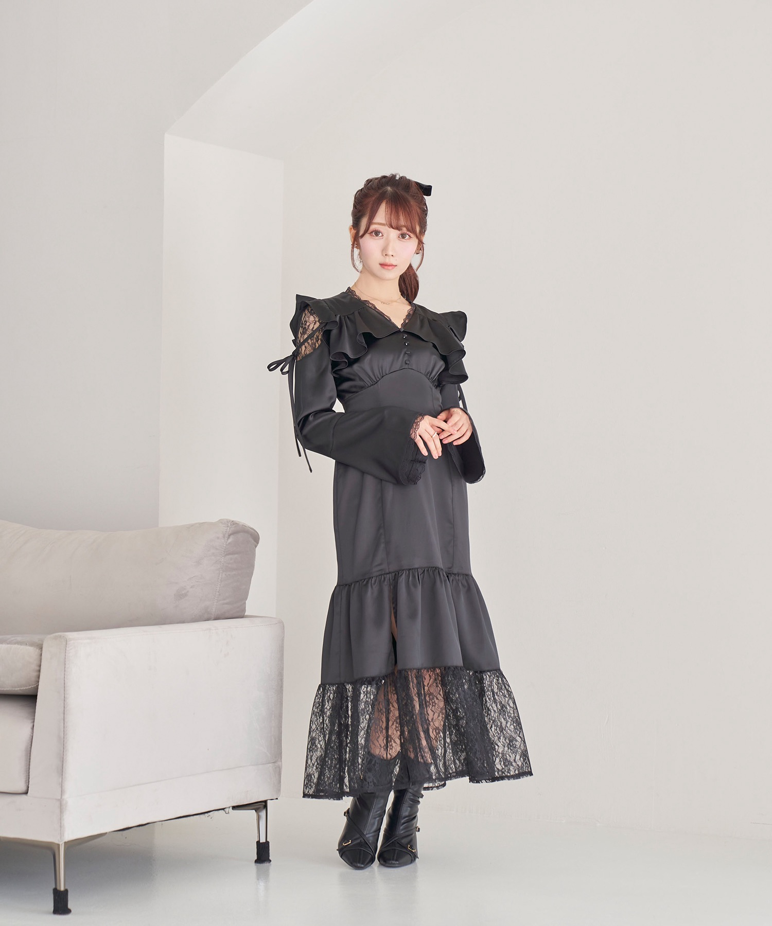 raffle slit lace switching dress【pink】季節感秋冬