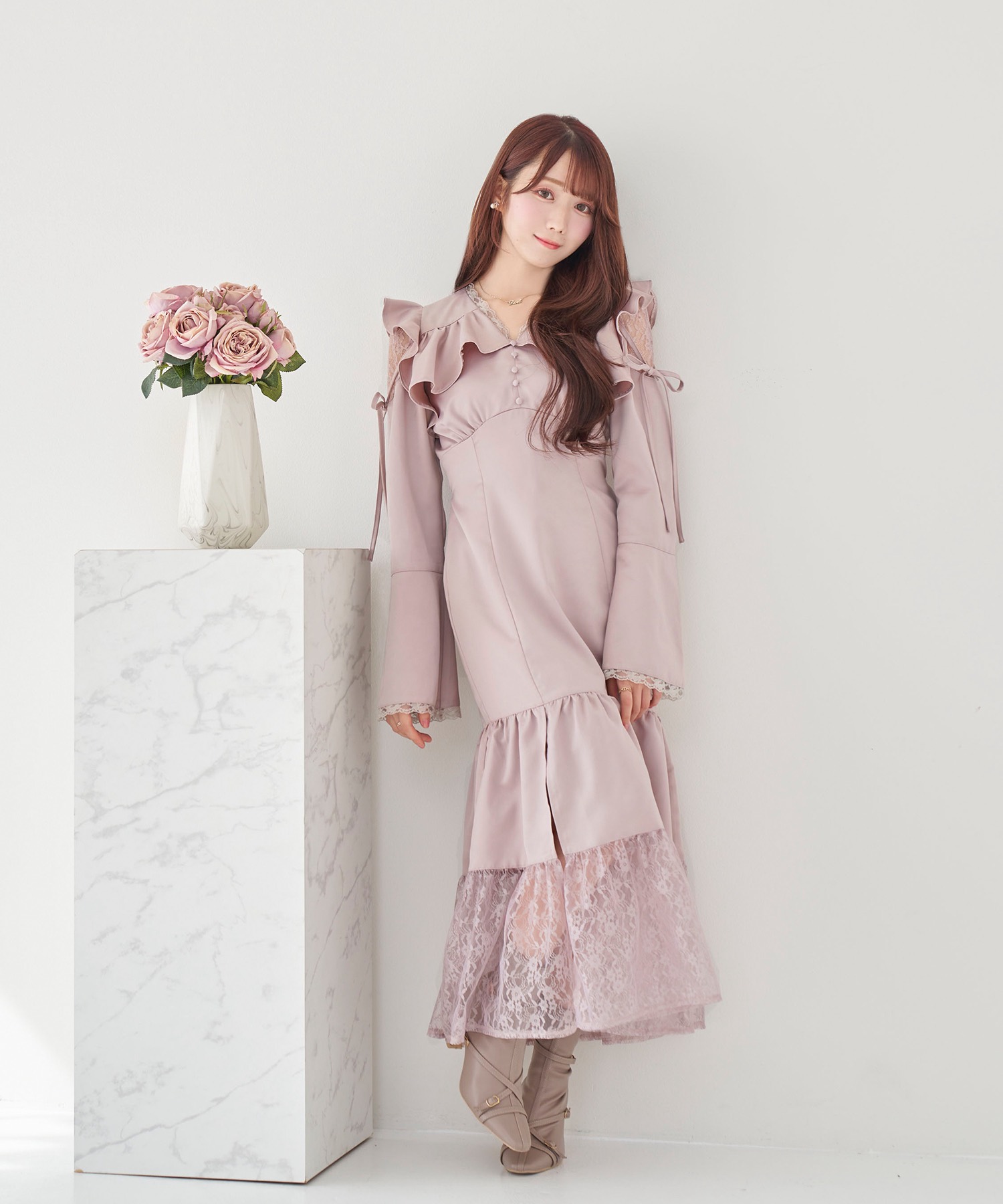 raffle slit lace switching dress【pink】 s