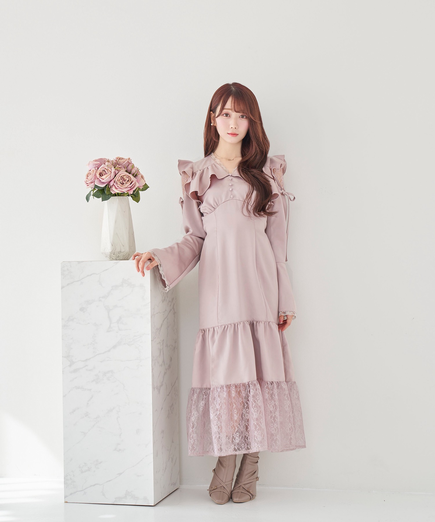 raffle slit lace switching dress【pink】