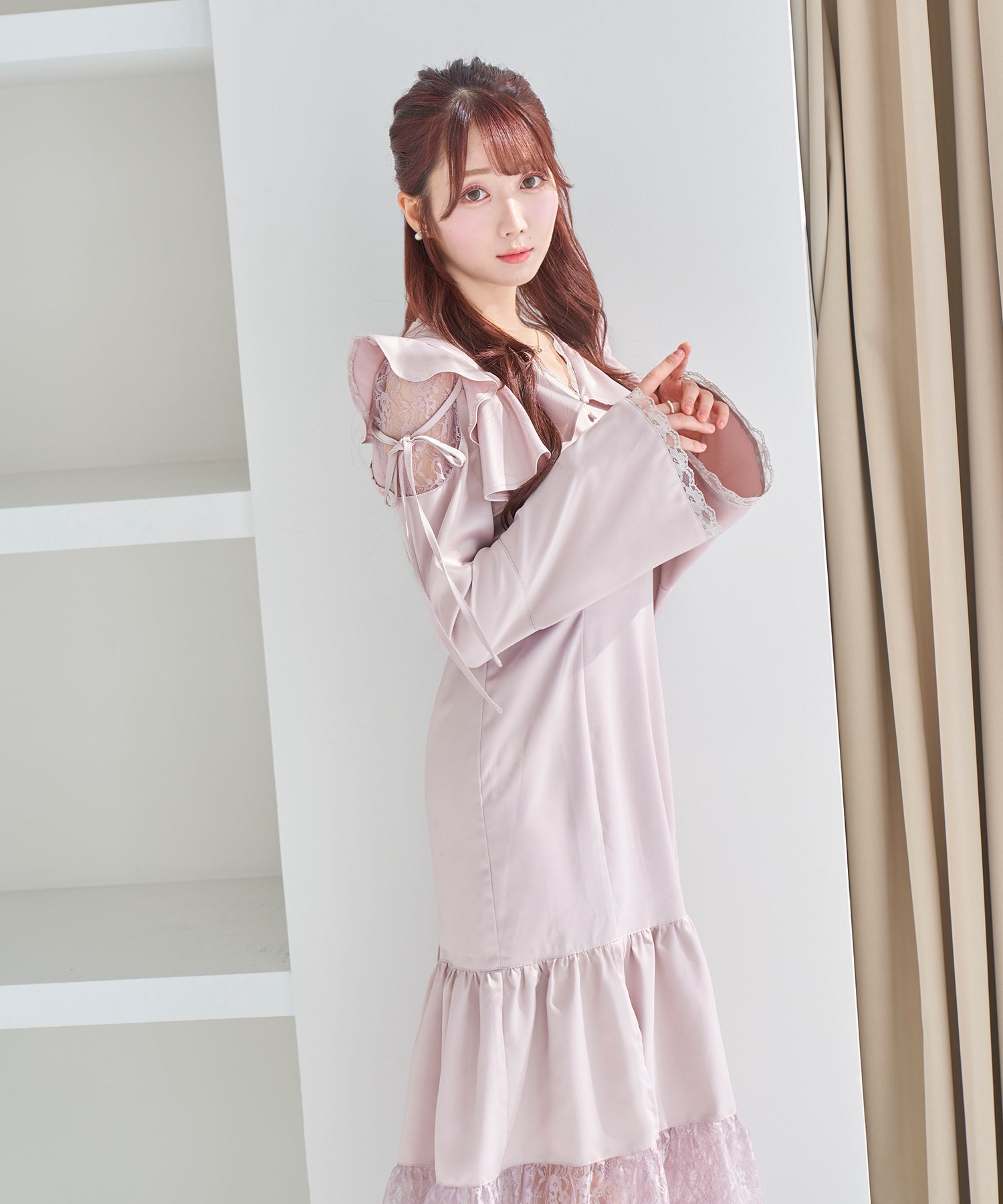 raffle slit lace switching dress【pink】季節感秋冬