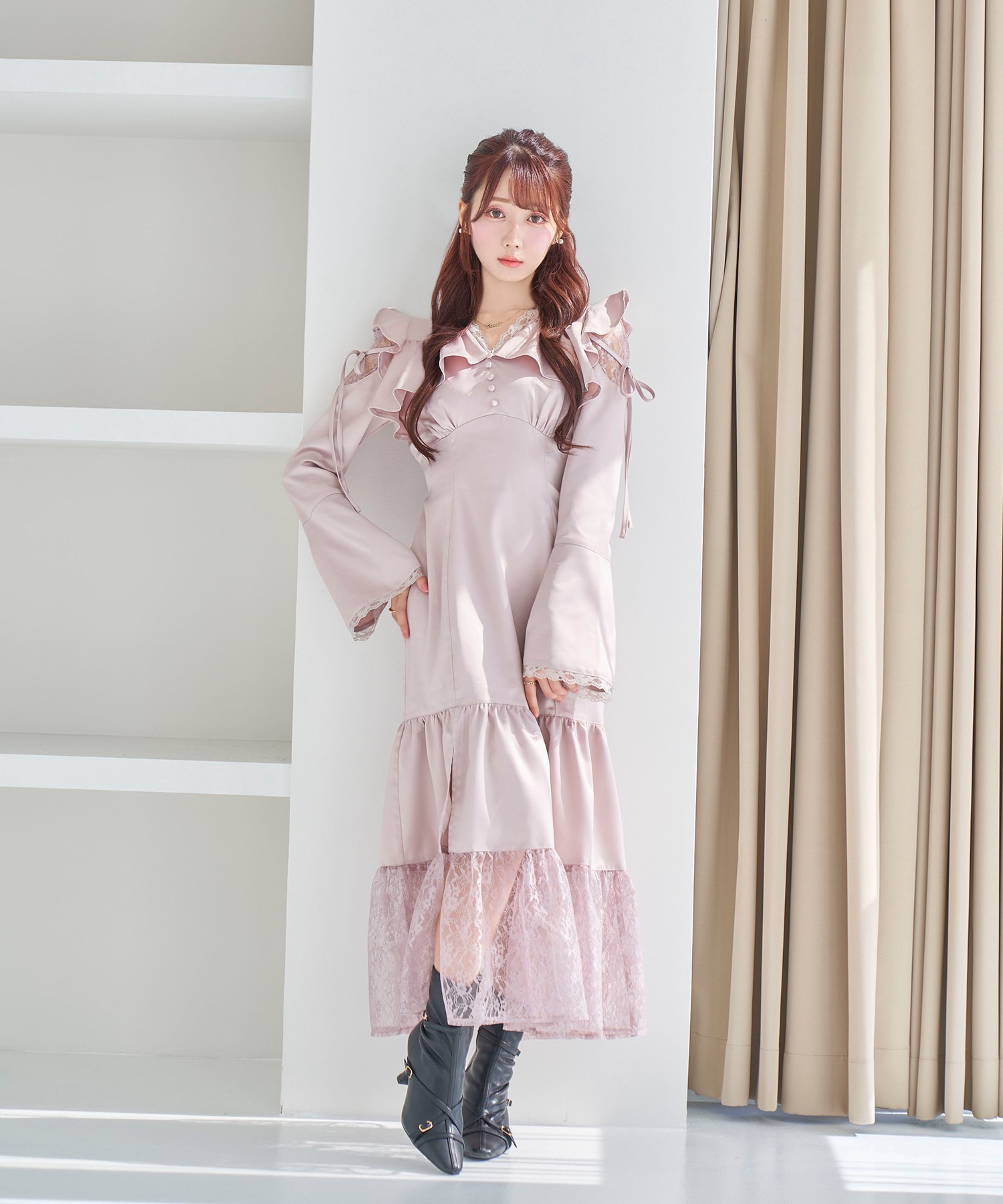 floral line pleated dress【sax】 – BUNNY APARTMENT