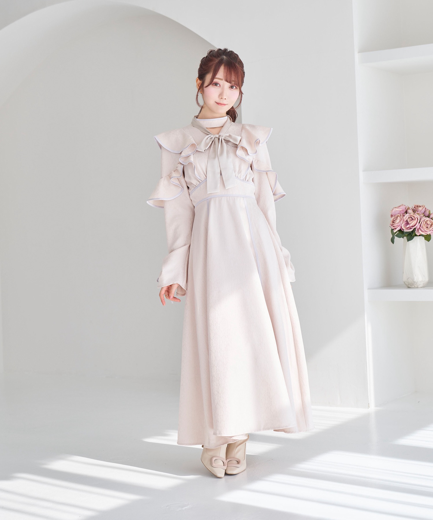 jacquard piping dress【ivory】