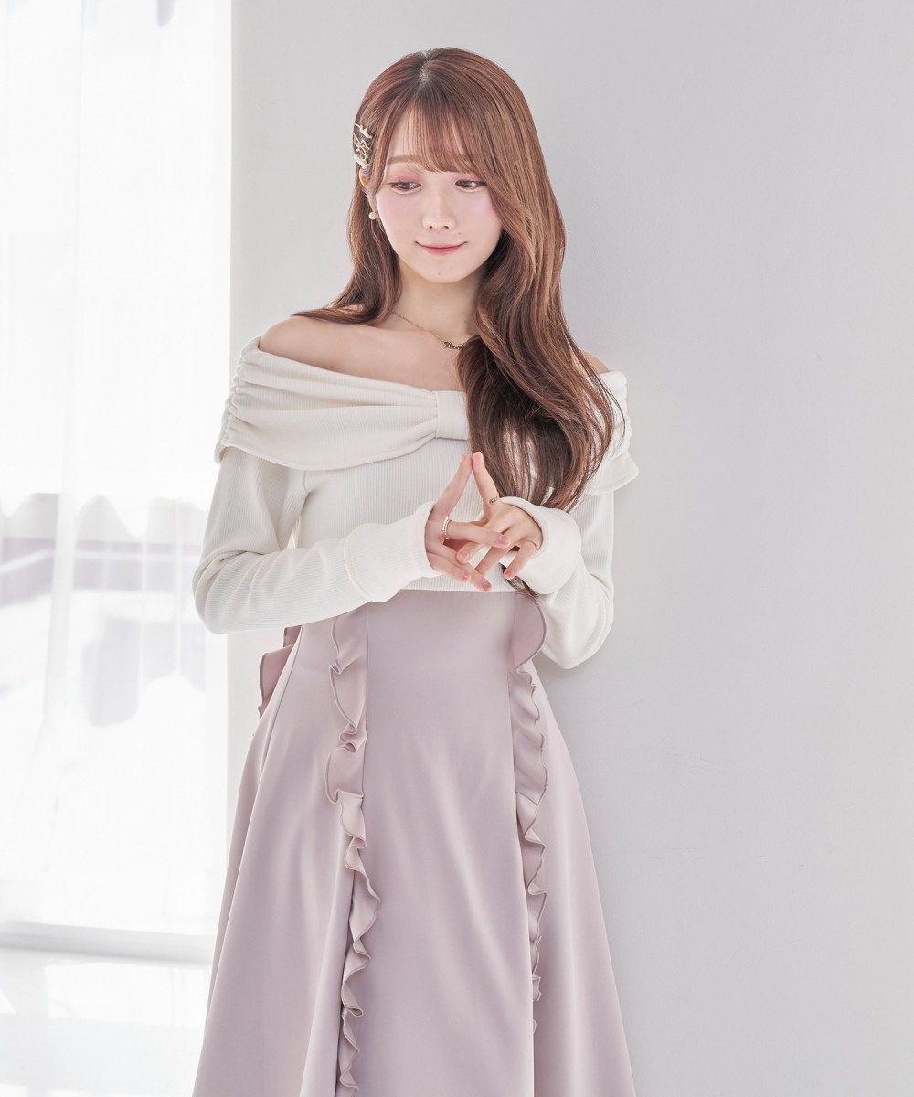 受注予約：decollete ribbon flared dress【pink】