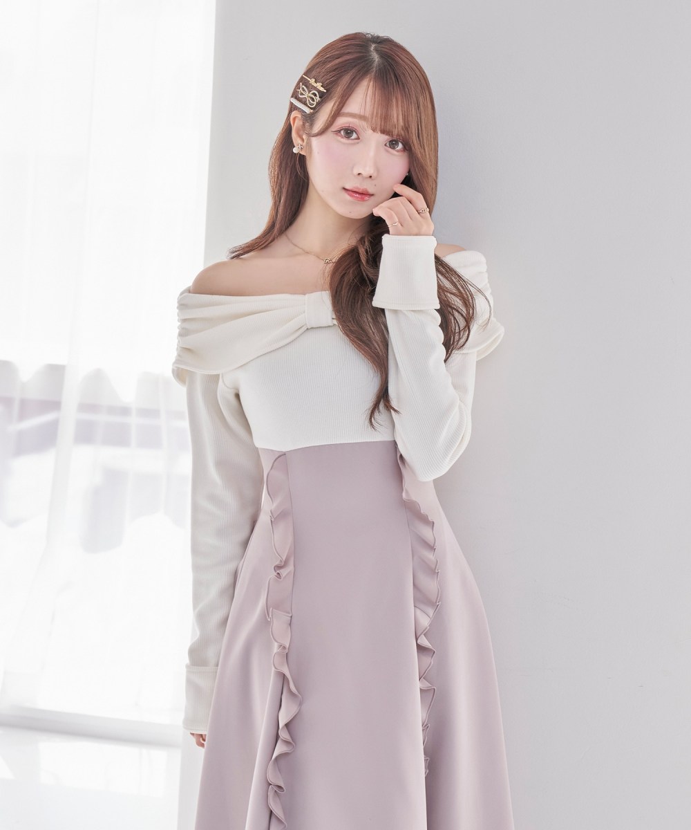 受注予約：decollete ribbon flared dress【pink】