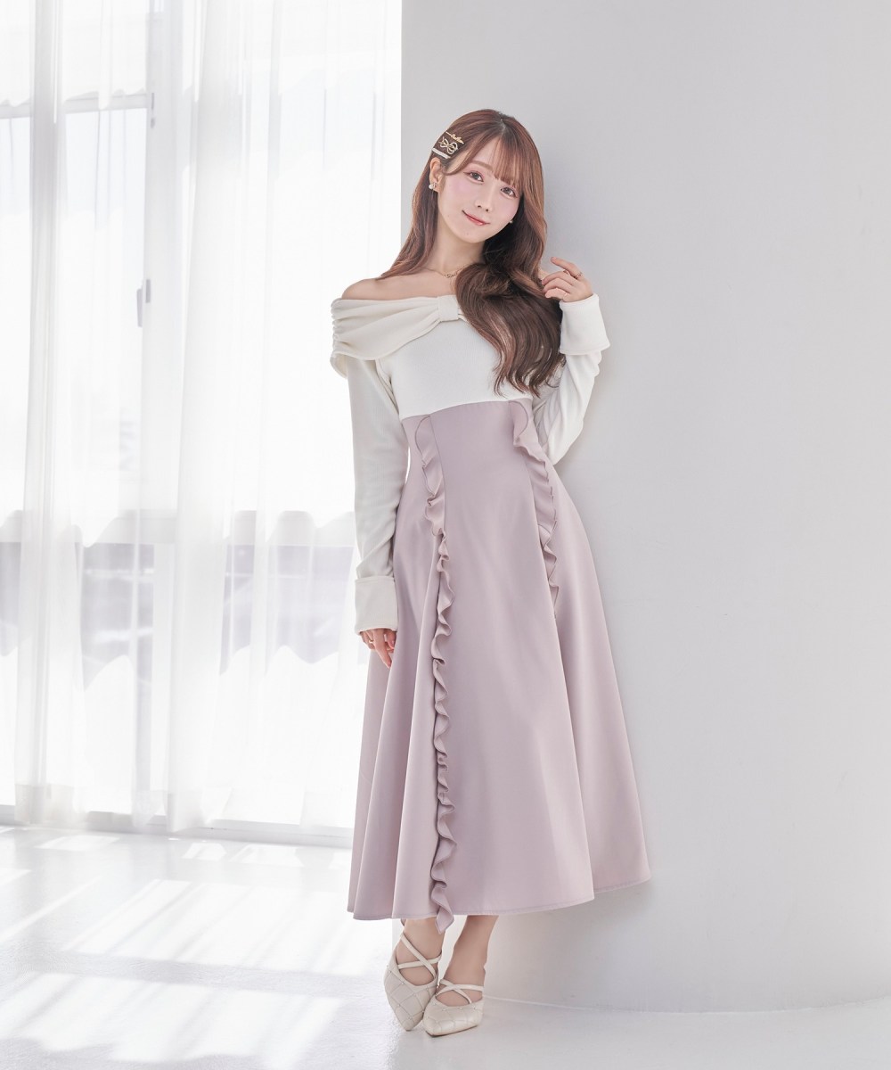 受注予約：decollete ribbon flared dress【pink】