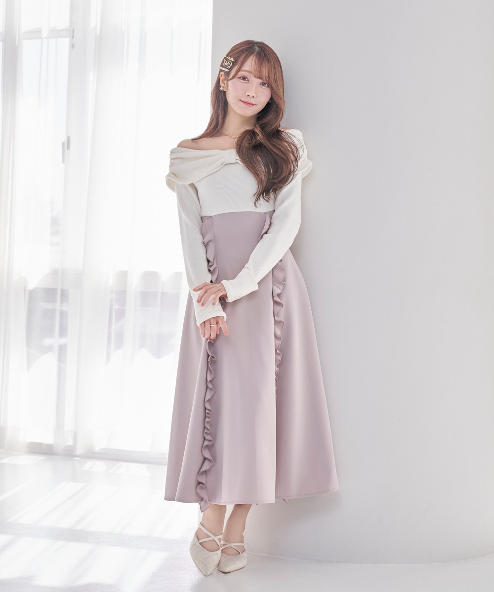 受注予約：decollete ribbon flared dress【pink】