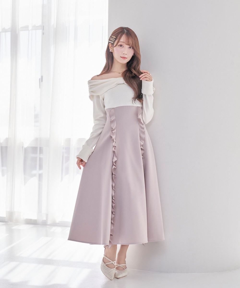 受注予約：decollete ribbon flared dress【pink】
