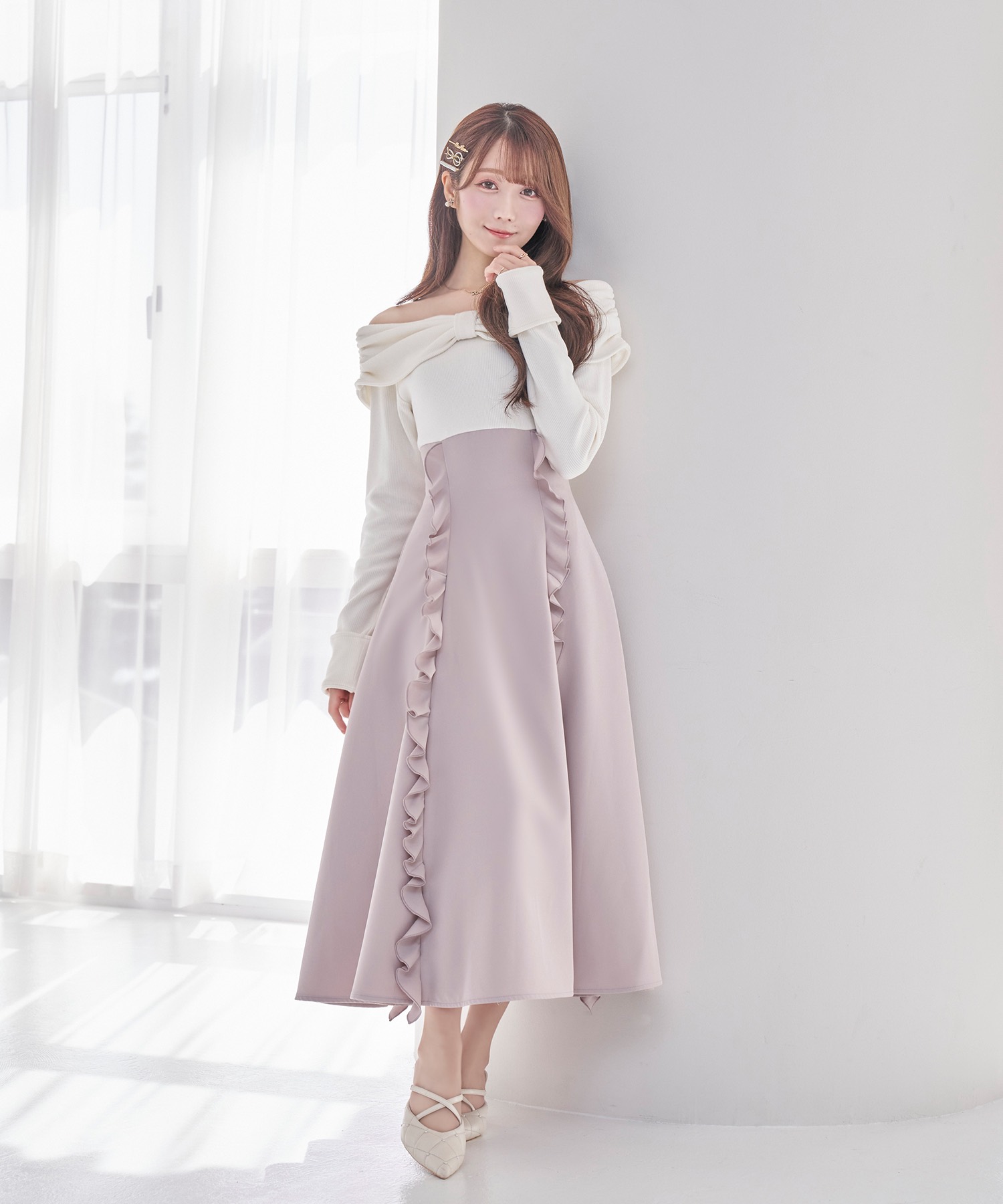 受注予約：decollete ribbon flared dress【pink】