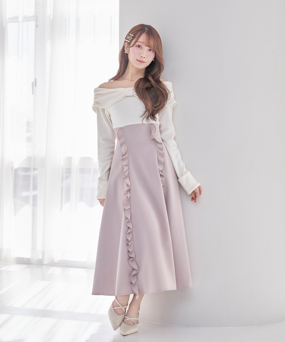 受注予約：decollete ribbon flared dress【pink】