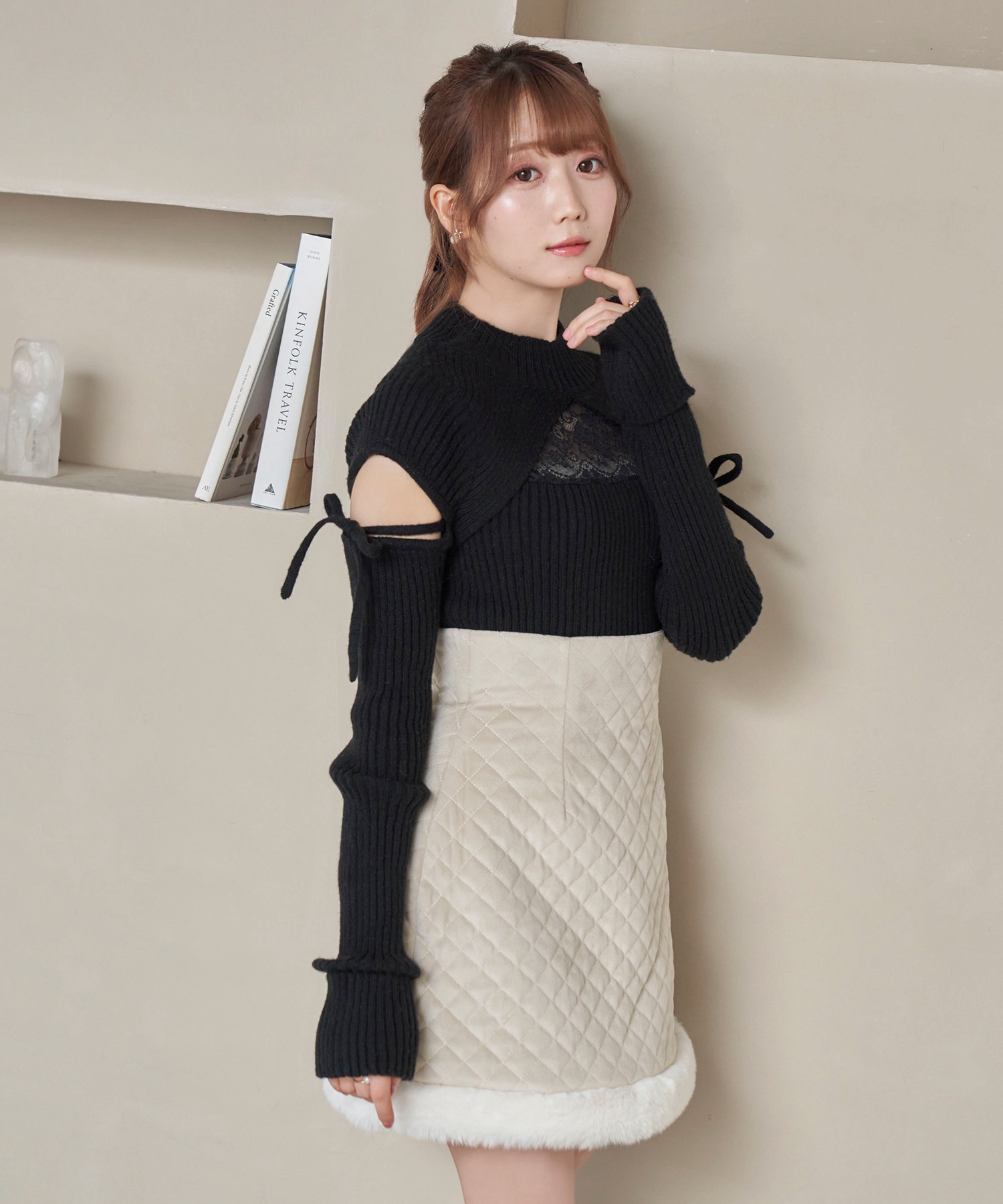 Quilting fake fur mini skirt